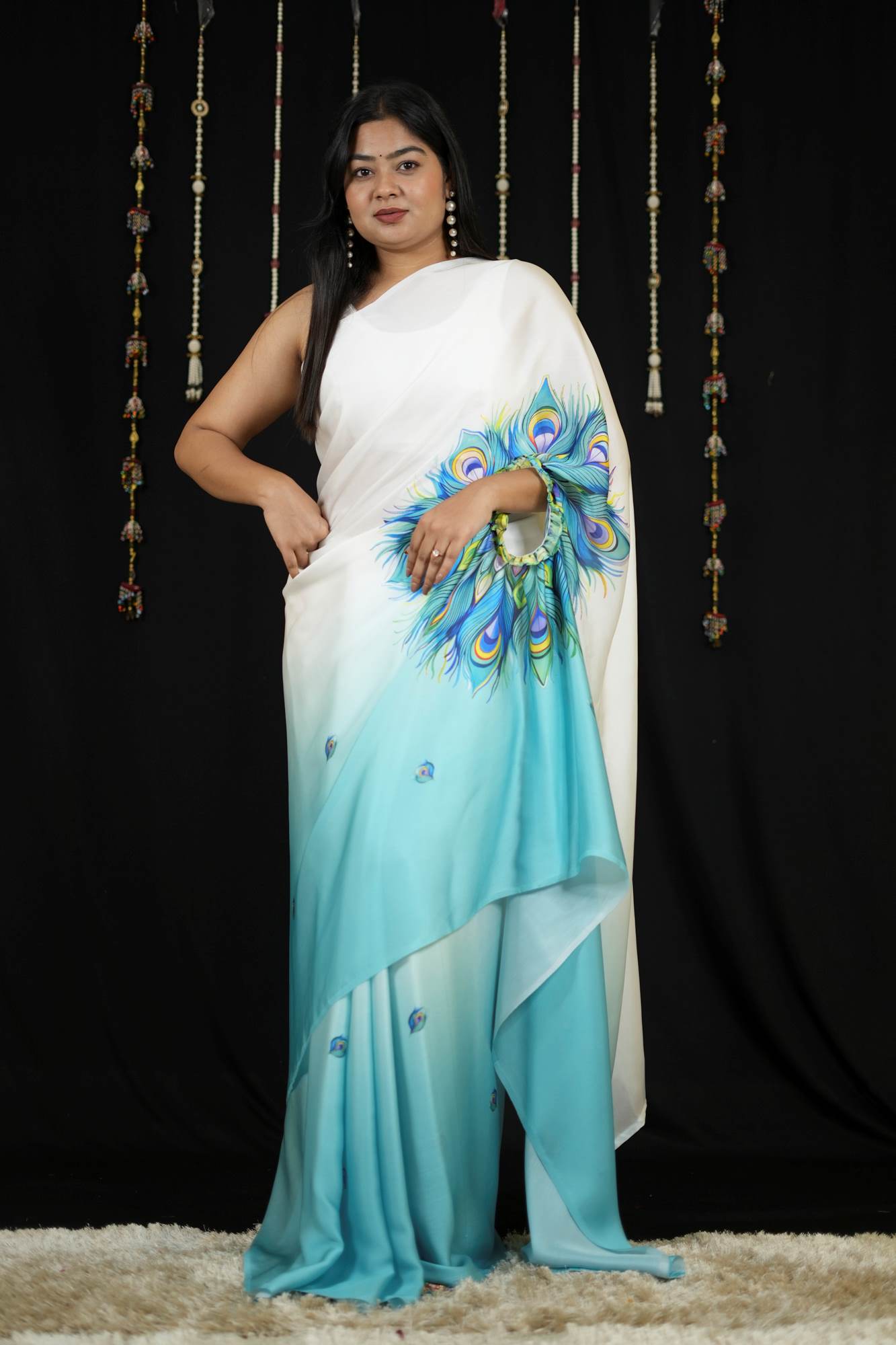 Hand free Satin with Peacock Feather Digital Print Ready To Wear Saree