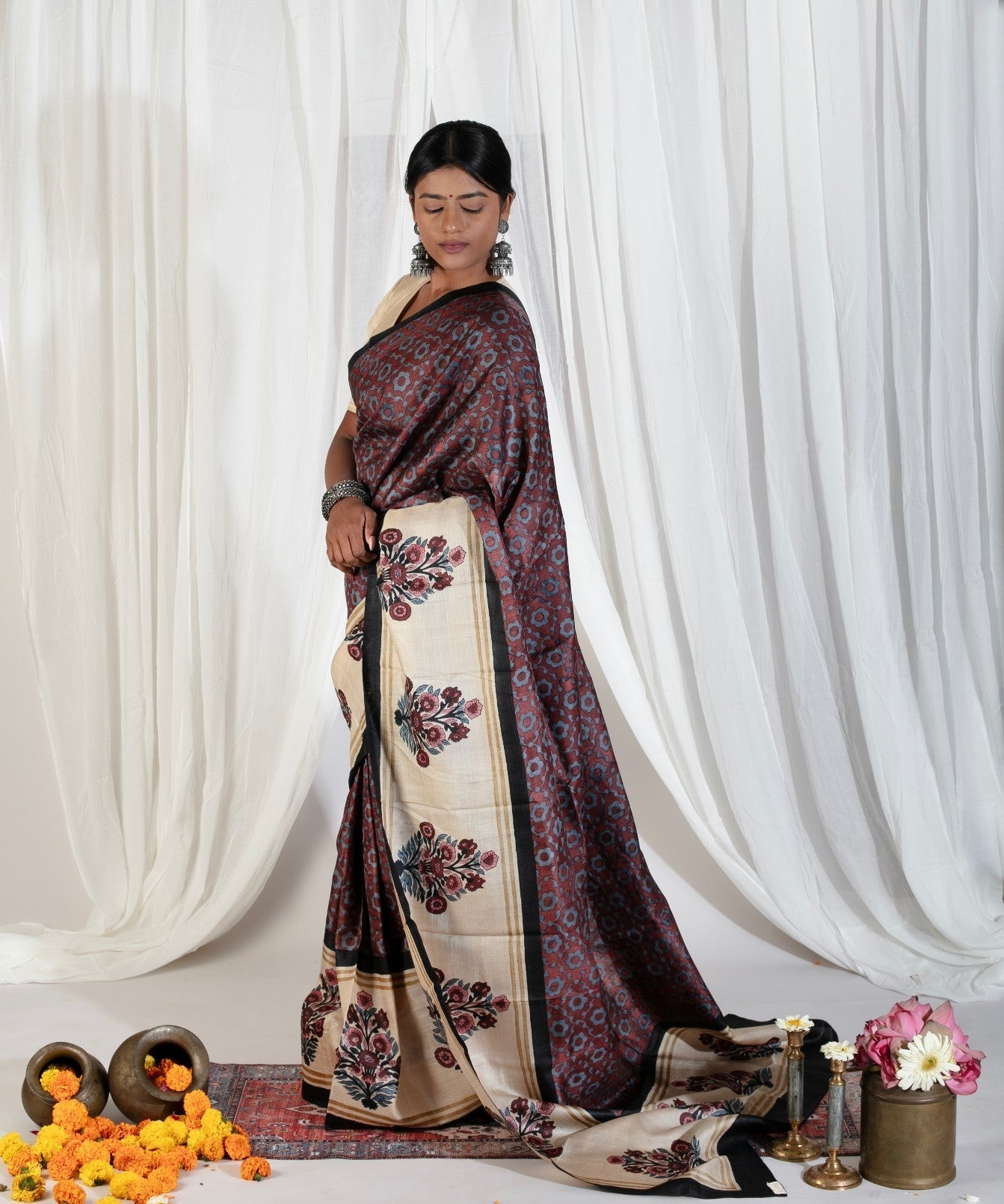 Coco Brown Pure Handloom Tussar Silk Saree with Gulmohar Block Print and Contrast Cream Border-Pallu | SILK MARK CERTIFIED | Shobitam