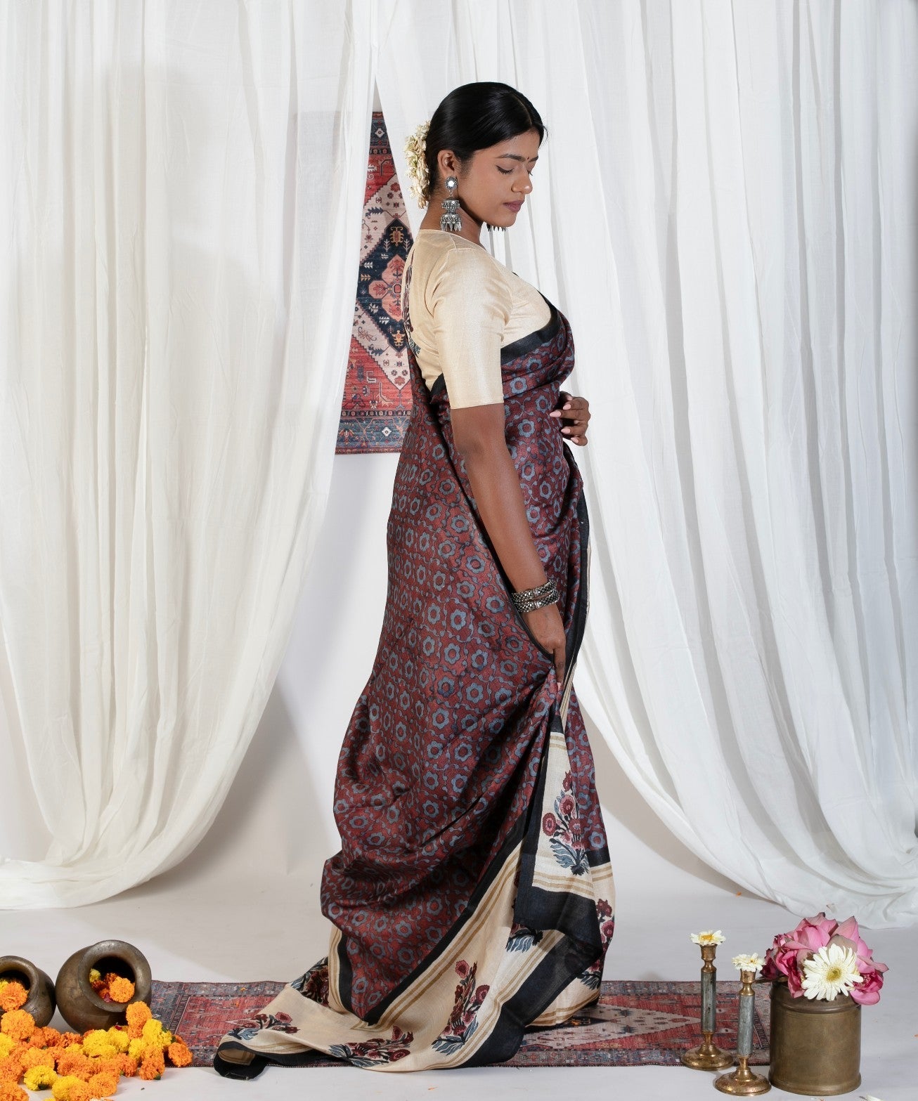 Coco Brown Pure Handloom Tussar Silk Saree with Gulmohar Block Print and Contrast Cream Border-Pallu | SILK MARK CERTIFIED | Shobitam