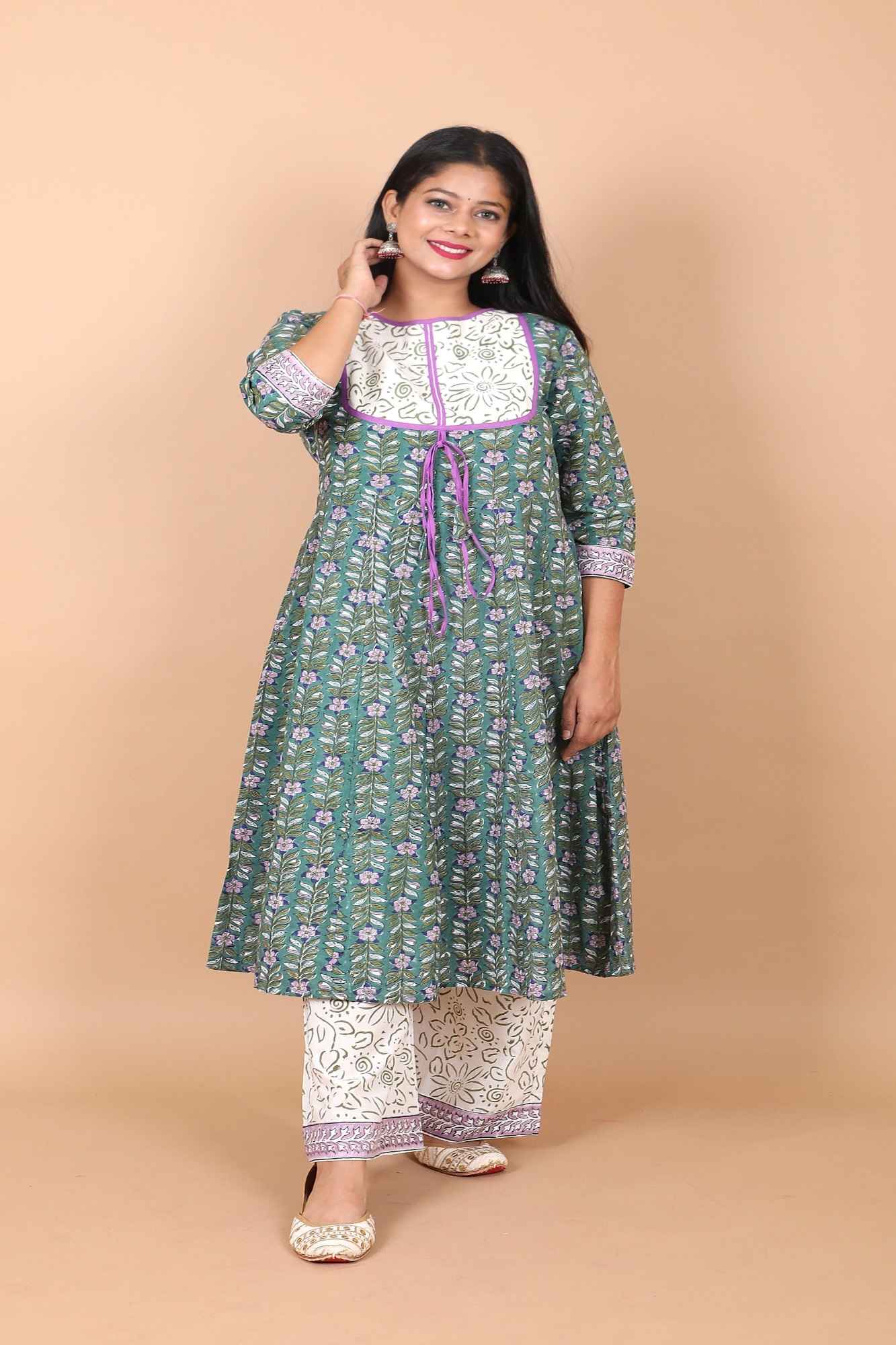 Salwar Suit - 3 PIece Amara teal green hand block printed suit with chiffon dupatta and trendy flared pants