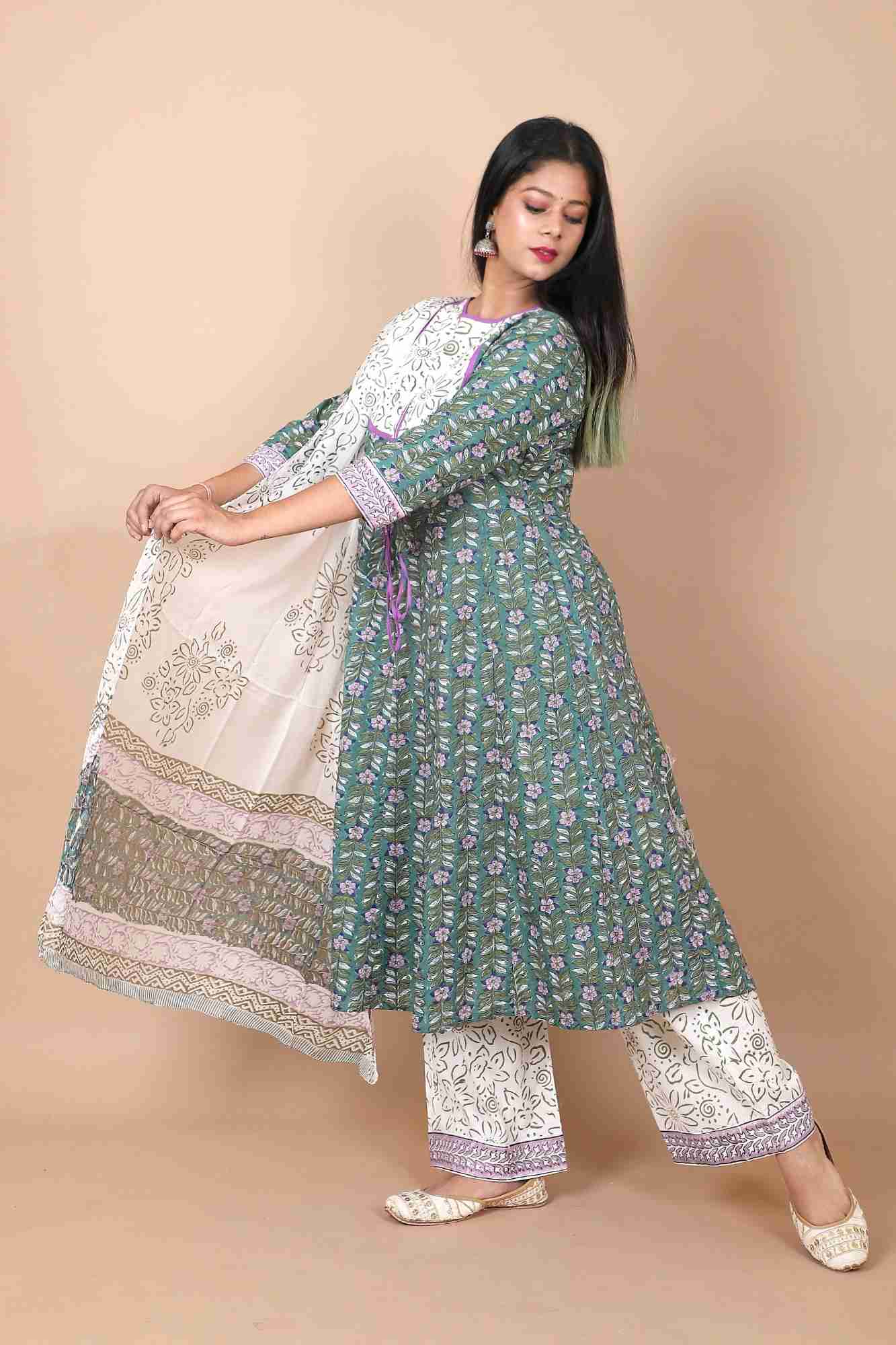 Salwar Suit - 3 PIece Amara teal green hand block printed suit with chiffon dupatta and trendy flared pants