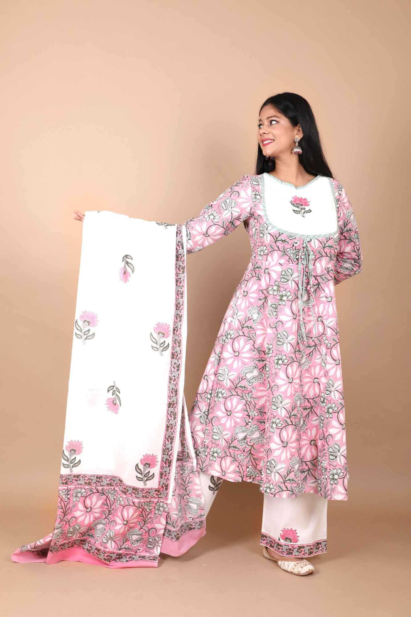 Dhwani Cotton Salwar Kameez with mulmul dupatta in shades of pink and white
