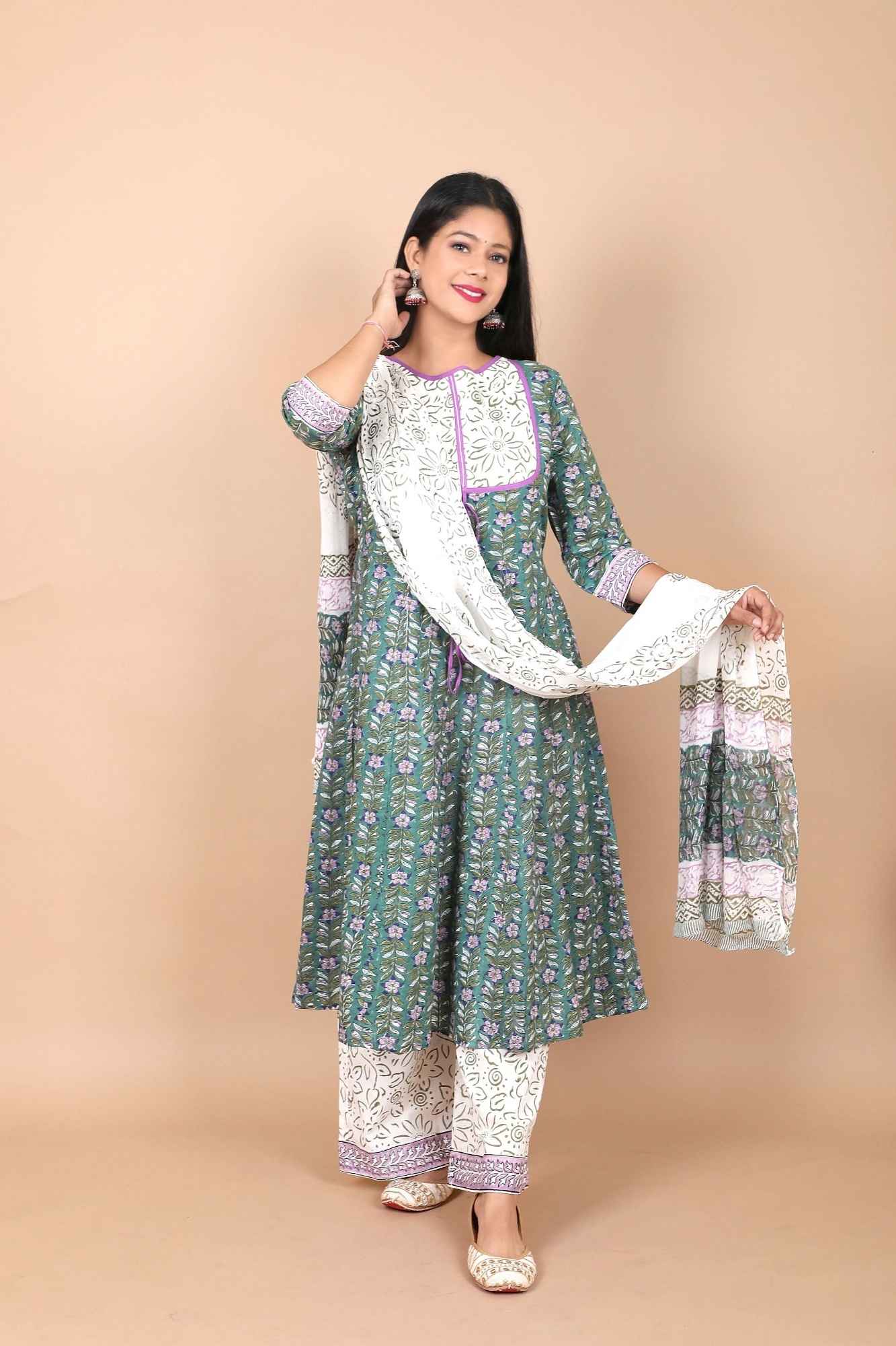 Salwar Suit - 3 PIece Amara teal green hand block printed suit with chiffon dupatta and trendy flared pants