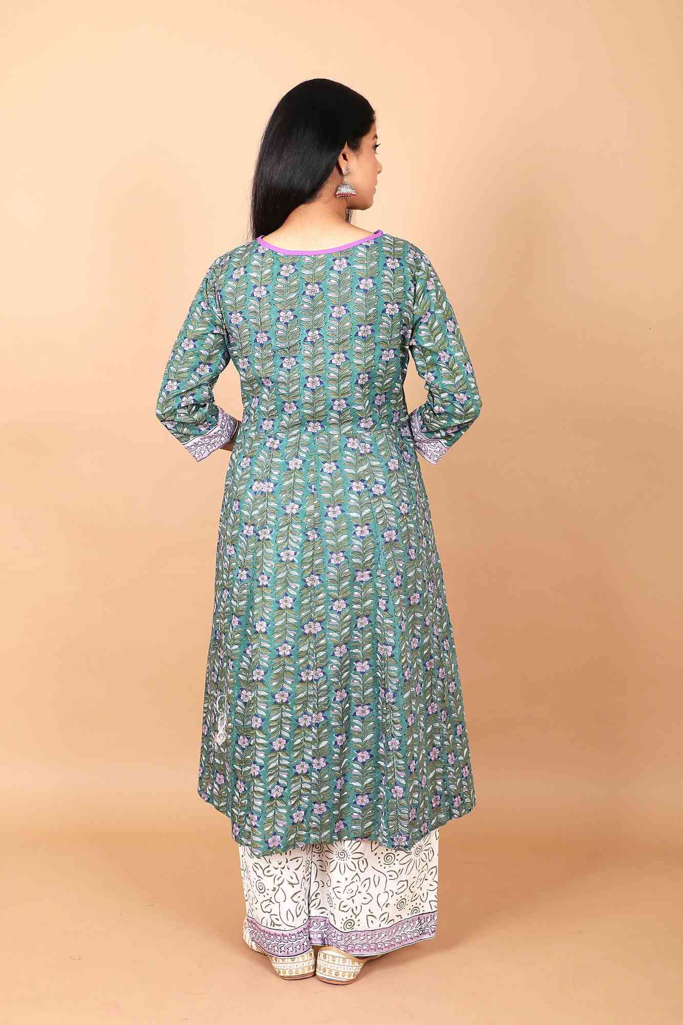 Salwar Suit - 3 PIece Amara teal green hand block printed suit with chiffon dupatta and trendy flared pants