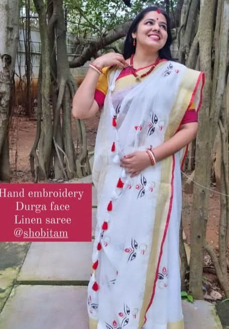 Stunning White Linen Saree with Goddess Durga Motif. Top Seller Saree. Vidya Balan Favorite! | Shobitam