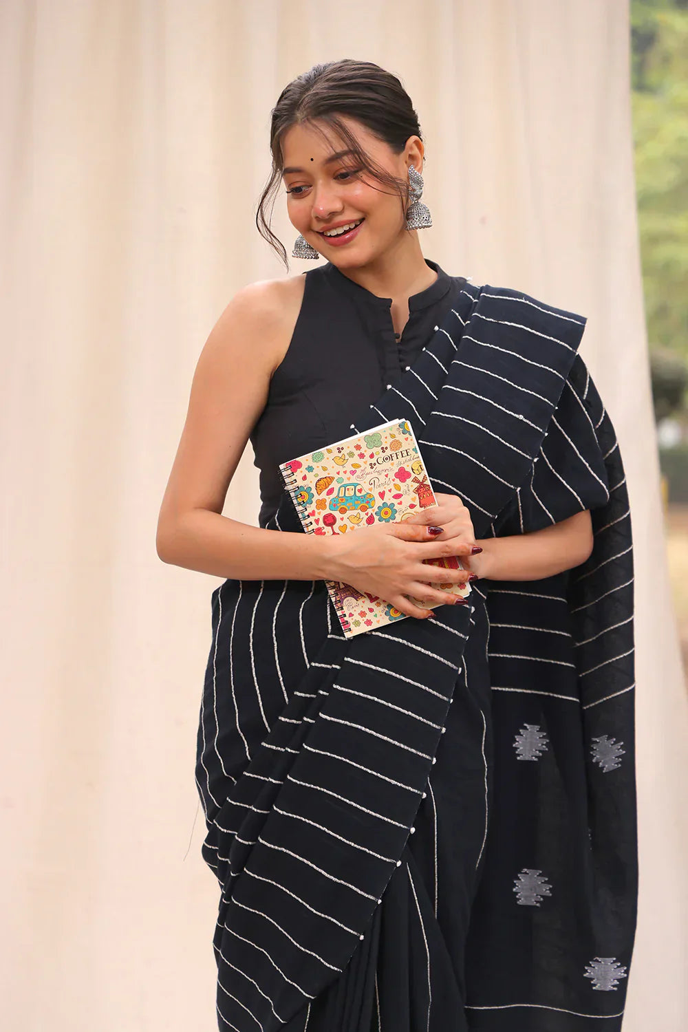 Handloom Black Pure Cotton Khesh Stripes Jamdani Saree | Shobitam