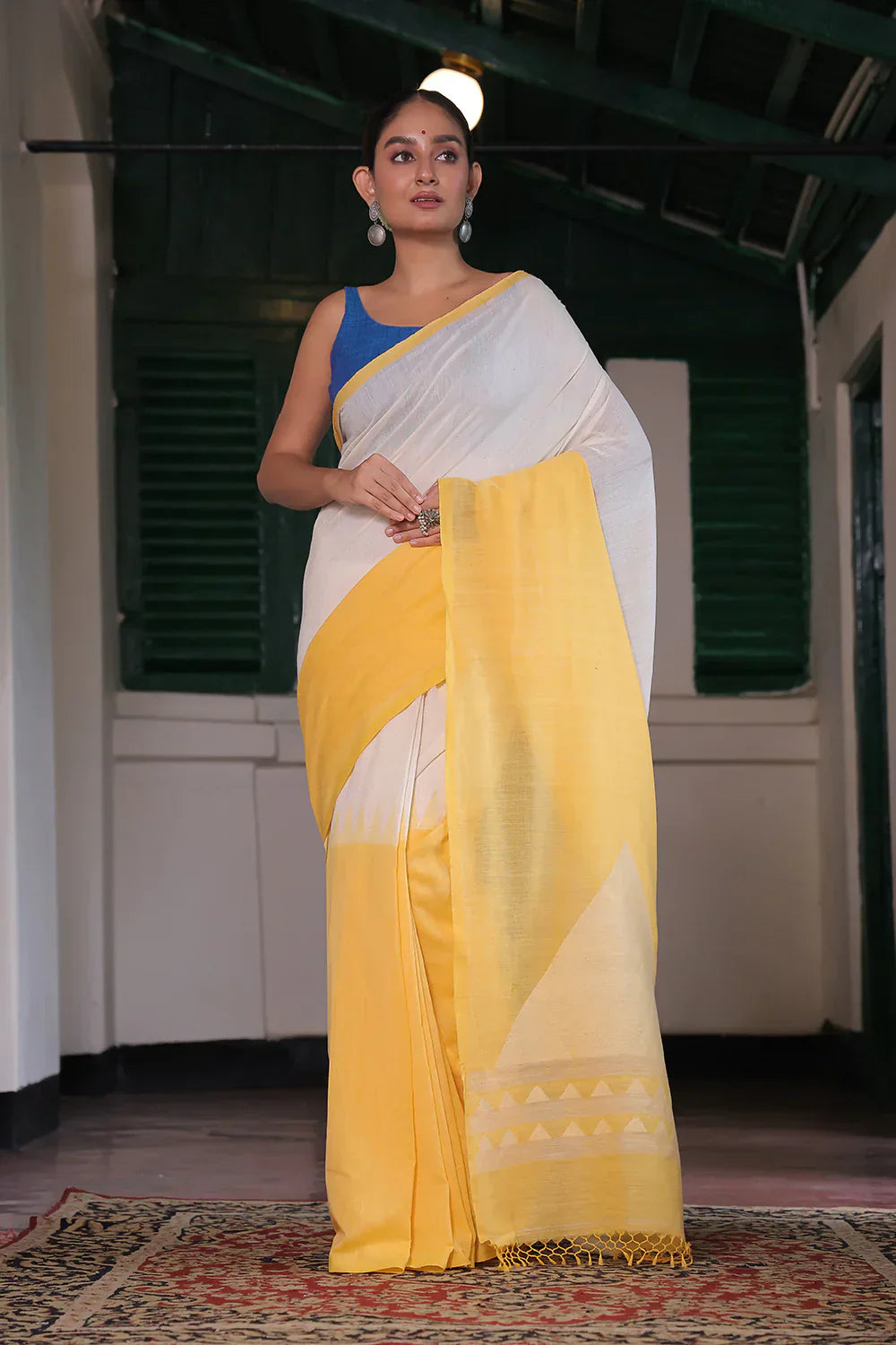 Handloom White & Yellow Soft Cotton Jamdani Saree | Shobitam