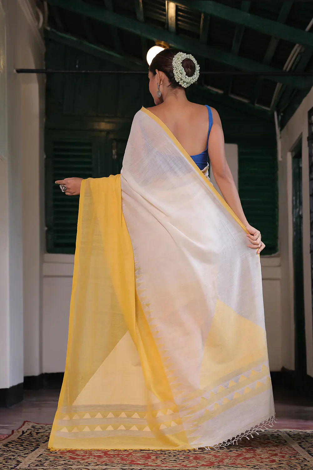 Handloom White & Yellow Soft Cotton Jamdani Saree | Shobitam