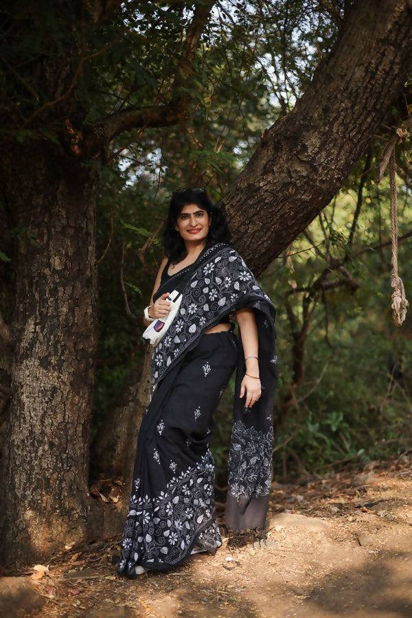Kaalratri Kantha Stitch Saree in Cotton | Shobitam