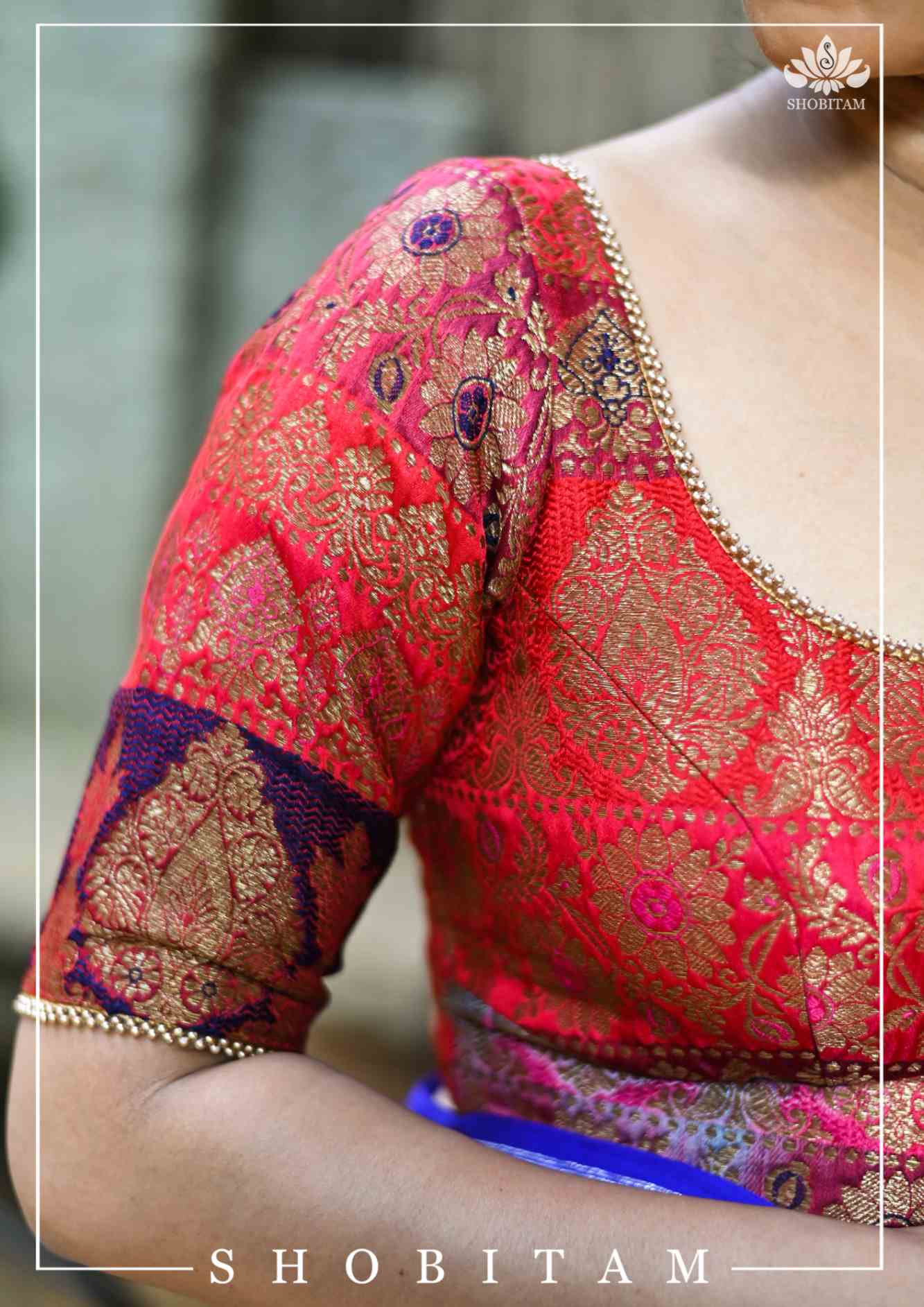 Banarasi Multicolor Panel design Zari Brocade Blouse with Antique tone zari