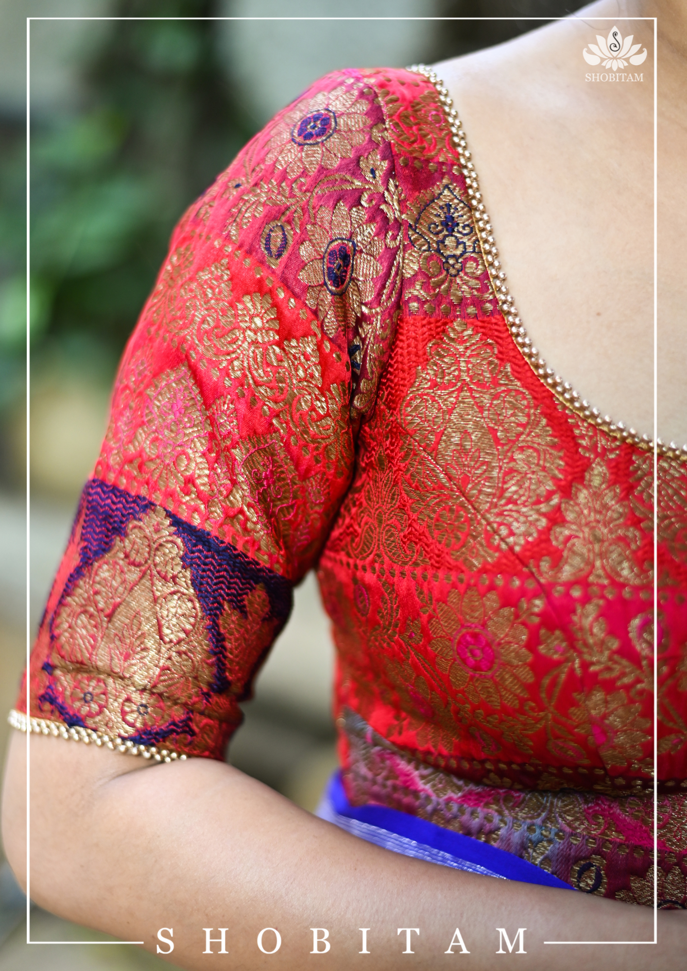 Banarasi Multicolor Panel design Zari Brocade Blouse with Antique tone zari | Shobitam