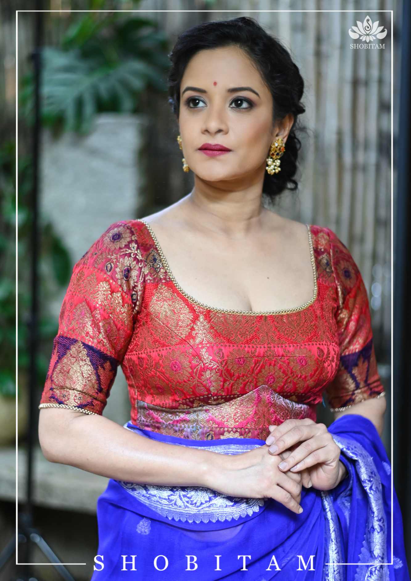 Banarasi Multicolor Panel design Zari Brocade Blouse with Antique tone zari