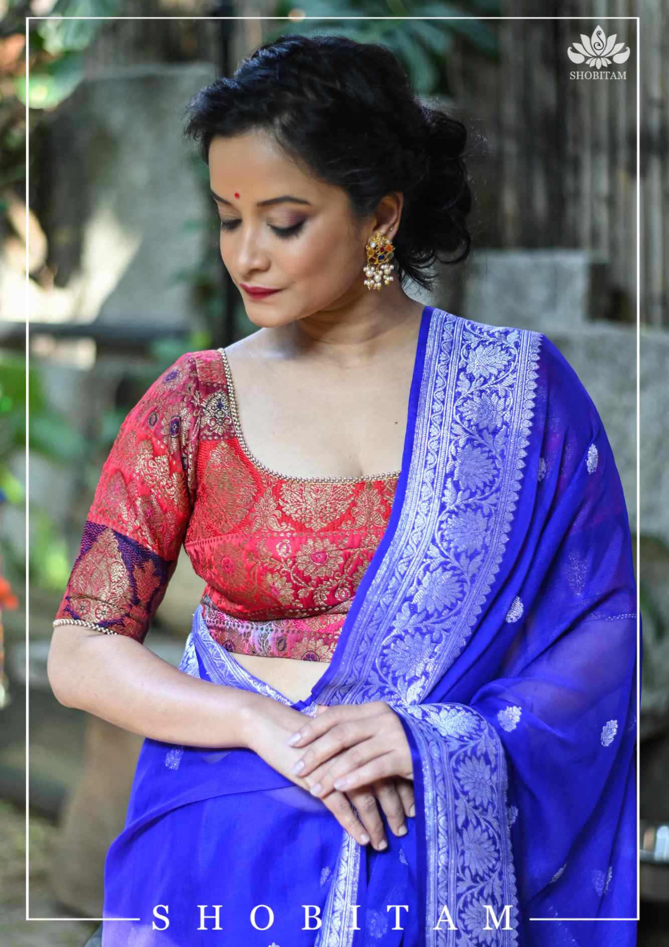 Banarasi Multicolor Panel design Zari Brocade Blouse with Antique tone zari