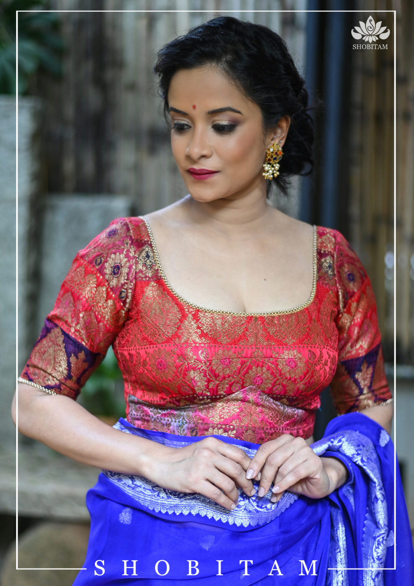 Banarasi Multicolor Panel design Zari Brocade Blouse with Antique tone zari | Shobitam