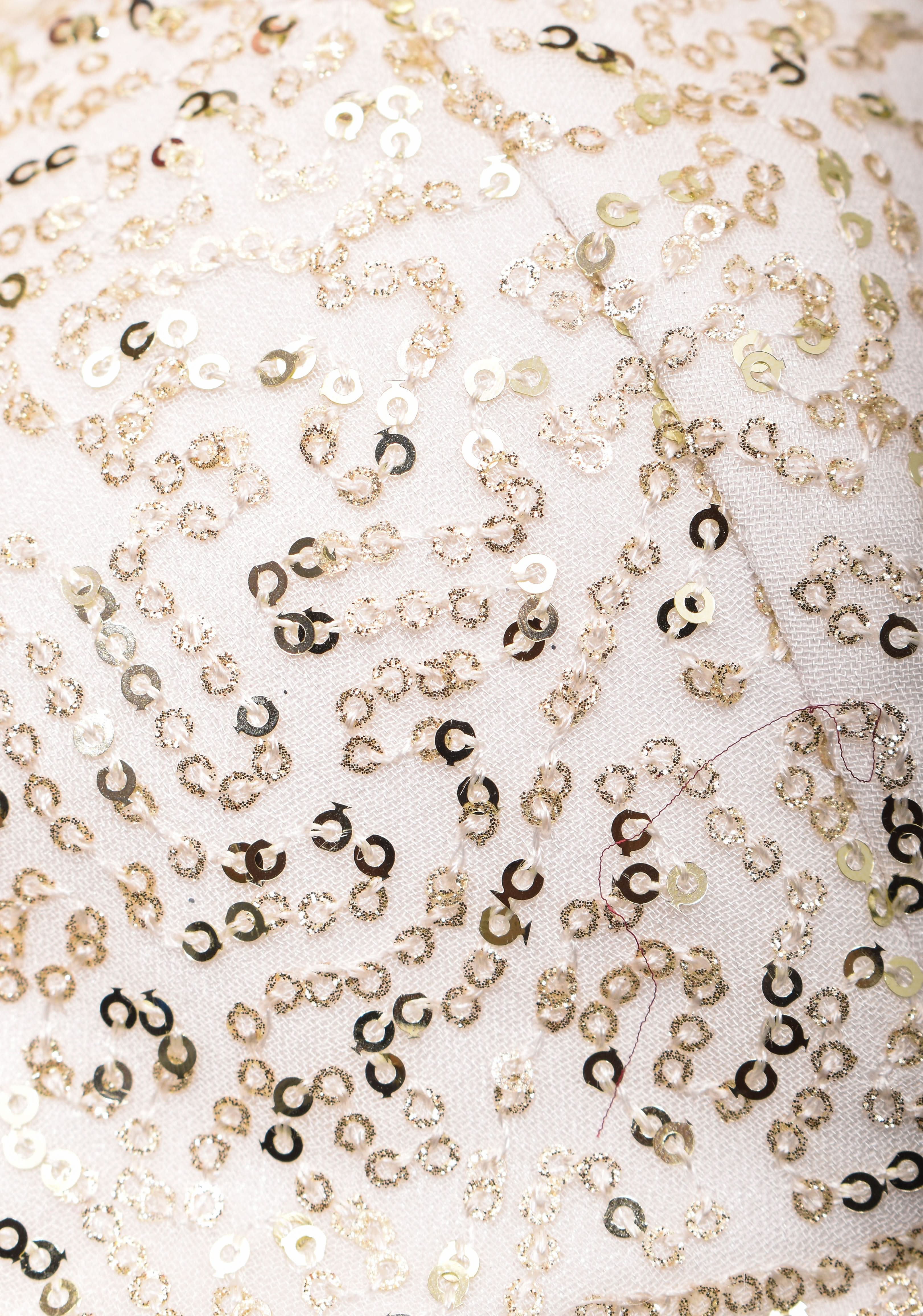 White Sequin Blouse with Queen Anne Neckline and cap sleeves | Shobitam