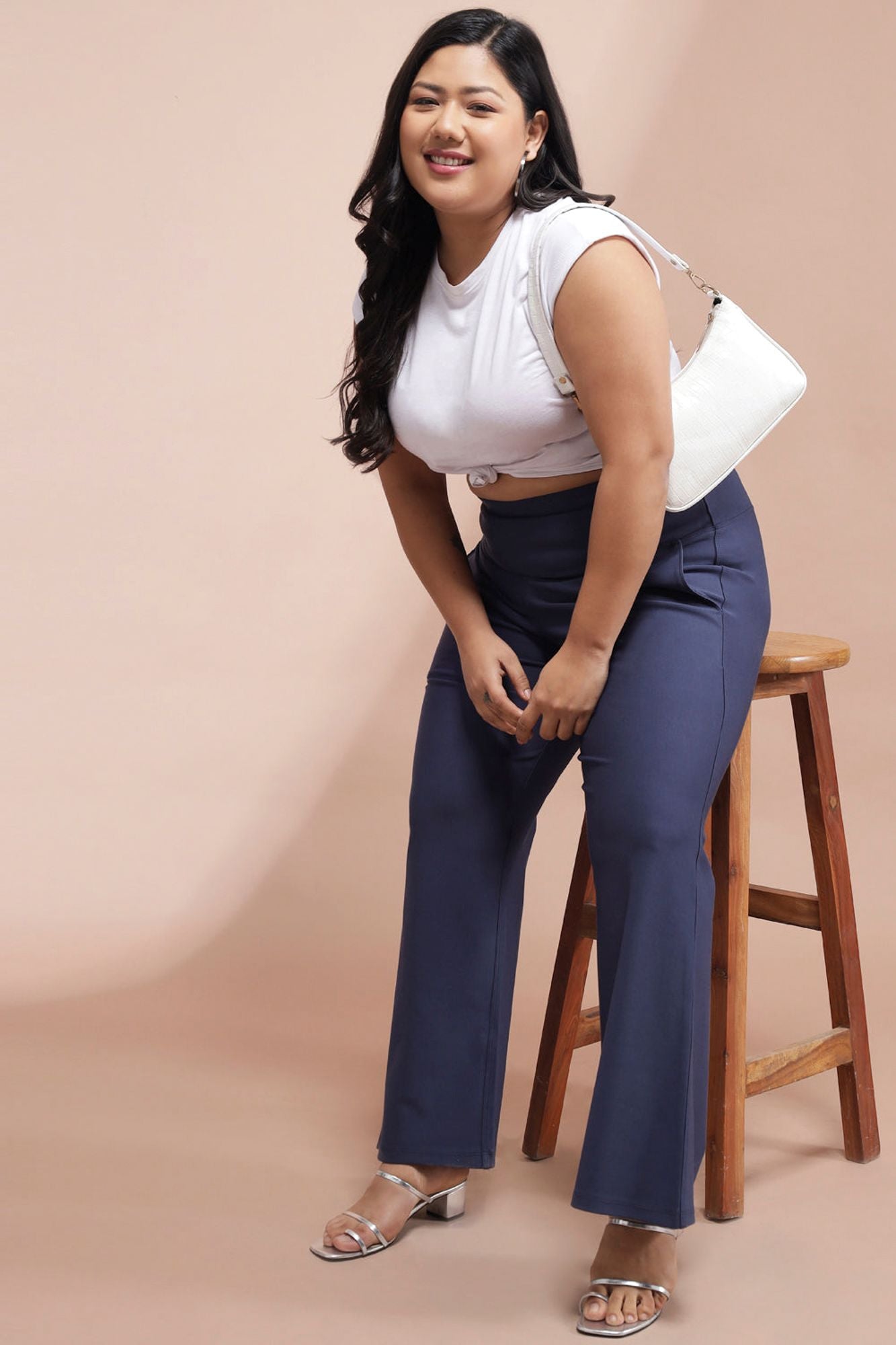 Plus Size Denim Blue Tummy Shaper Flare Pants | Made to Order