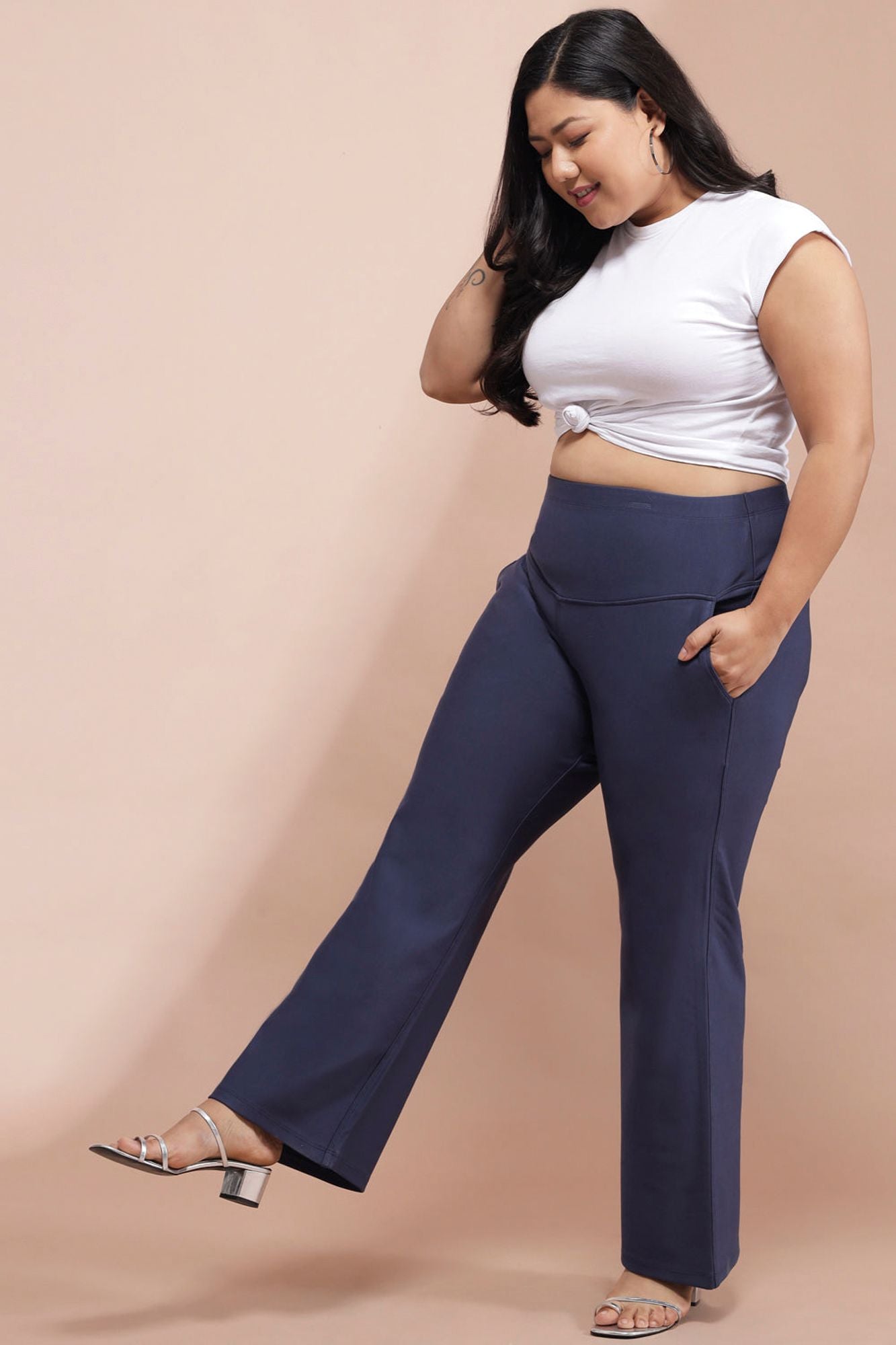 Plus Size Denim Blue Tummy Shaper Flare Pants | Made to Order