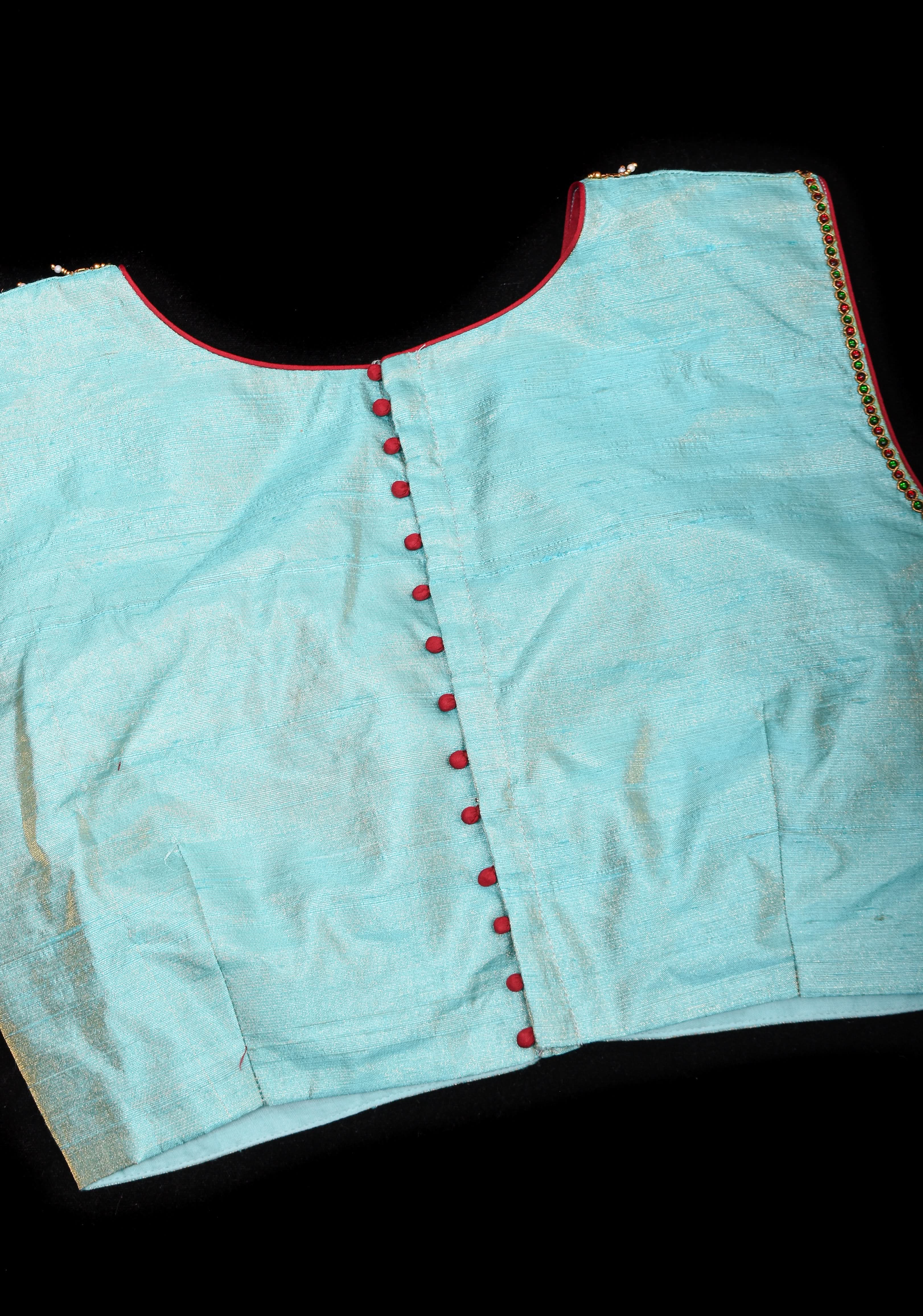 Mint Pure Raw Silk Blouse with Temple Jewelry Necklace Handwork detailing | Shobitam