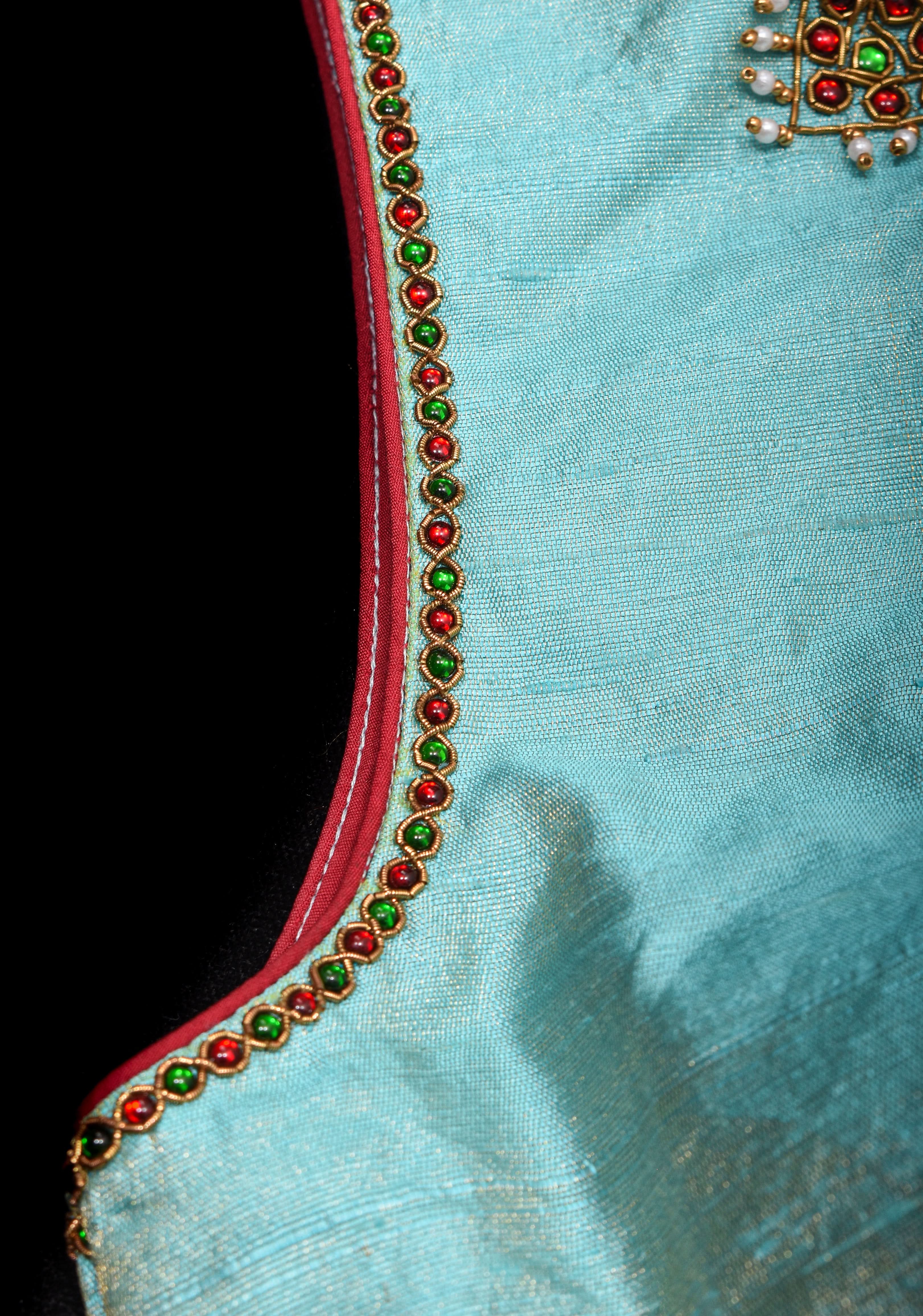 Mint Pure Raw Silk Blouse with Temple Jewelry Necklace Handwork detailing | Shobitam