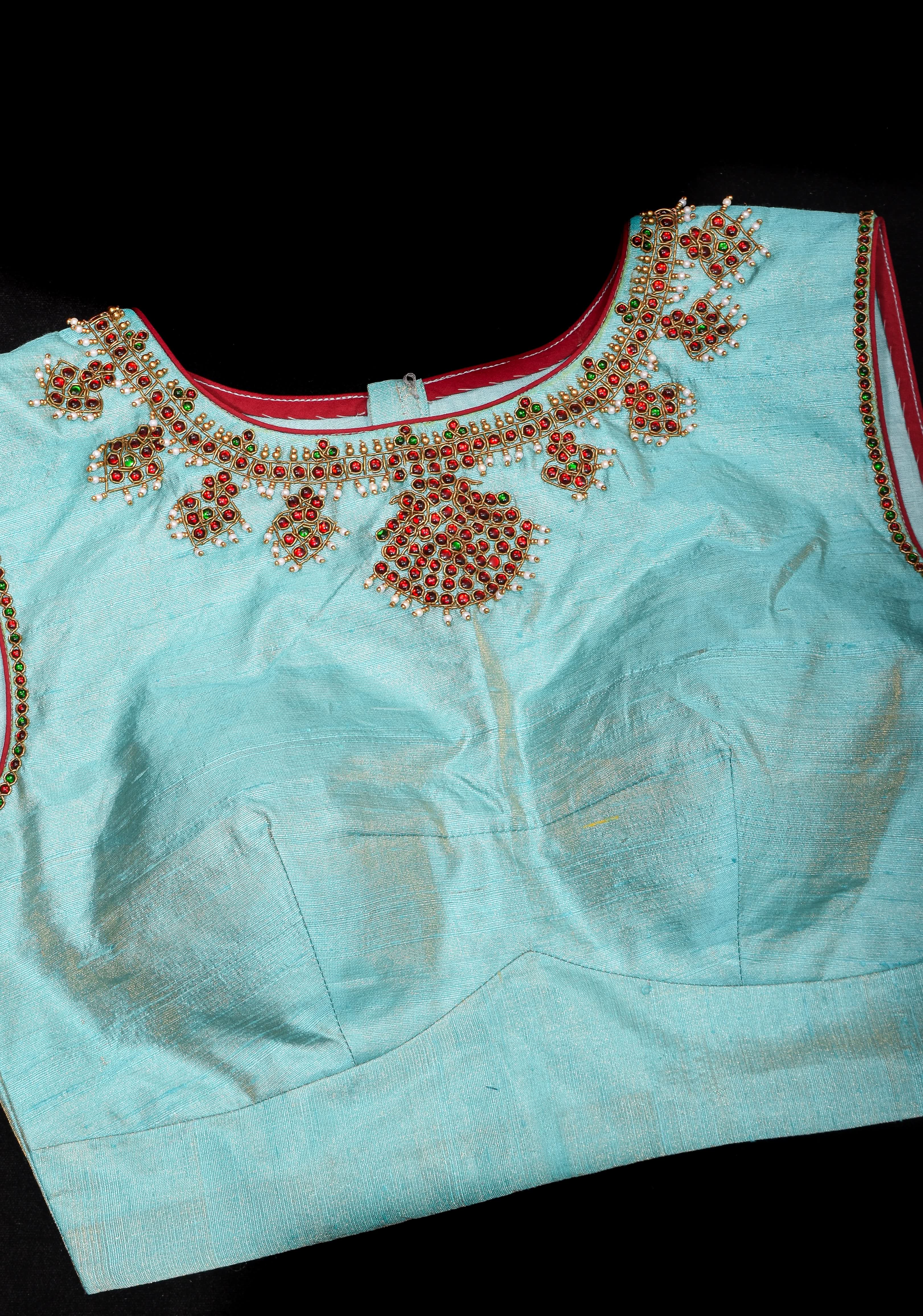 Mint Pure Raw Silk Blouse with Temple Jewelry Necklace Handwork detailing | Shobitam