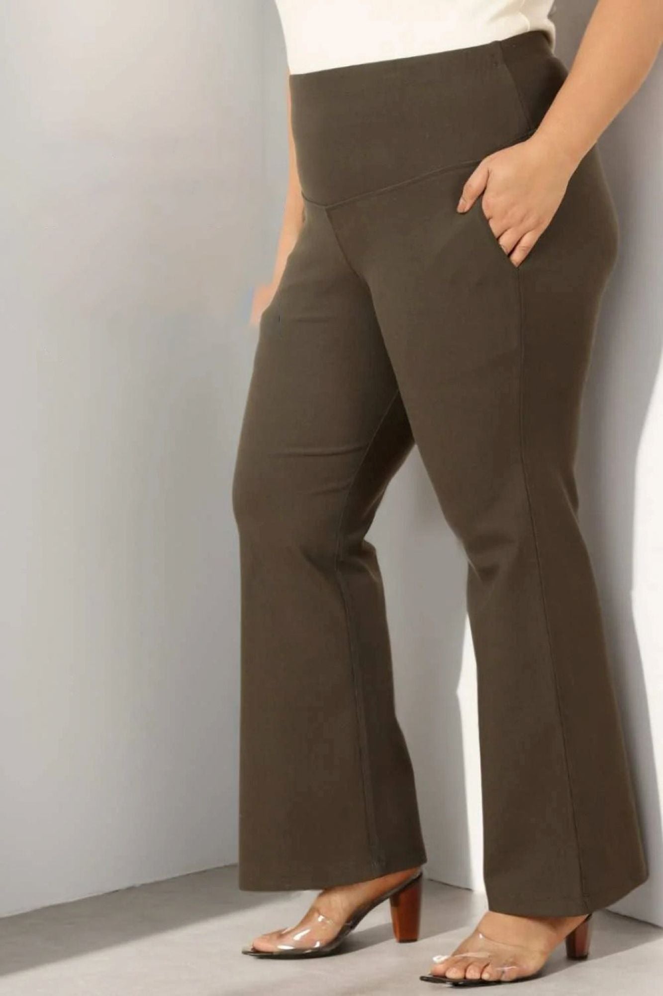 Plus Size Olive Tummy Shaper Flare Pants For Women | Made to Order