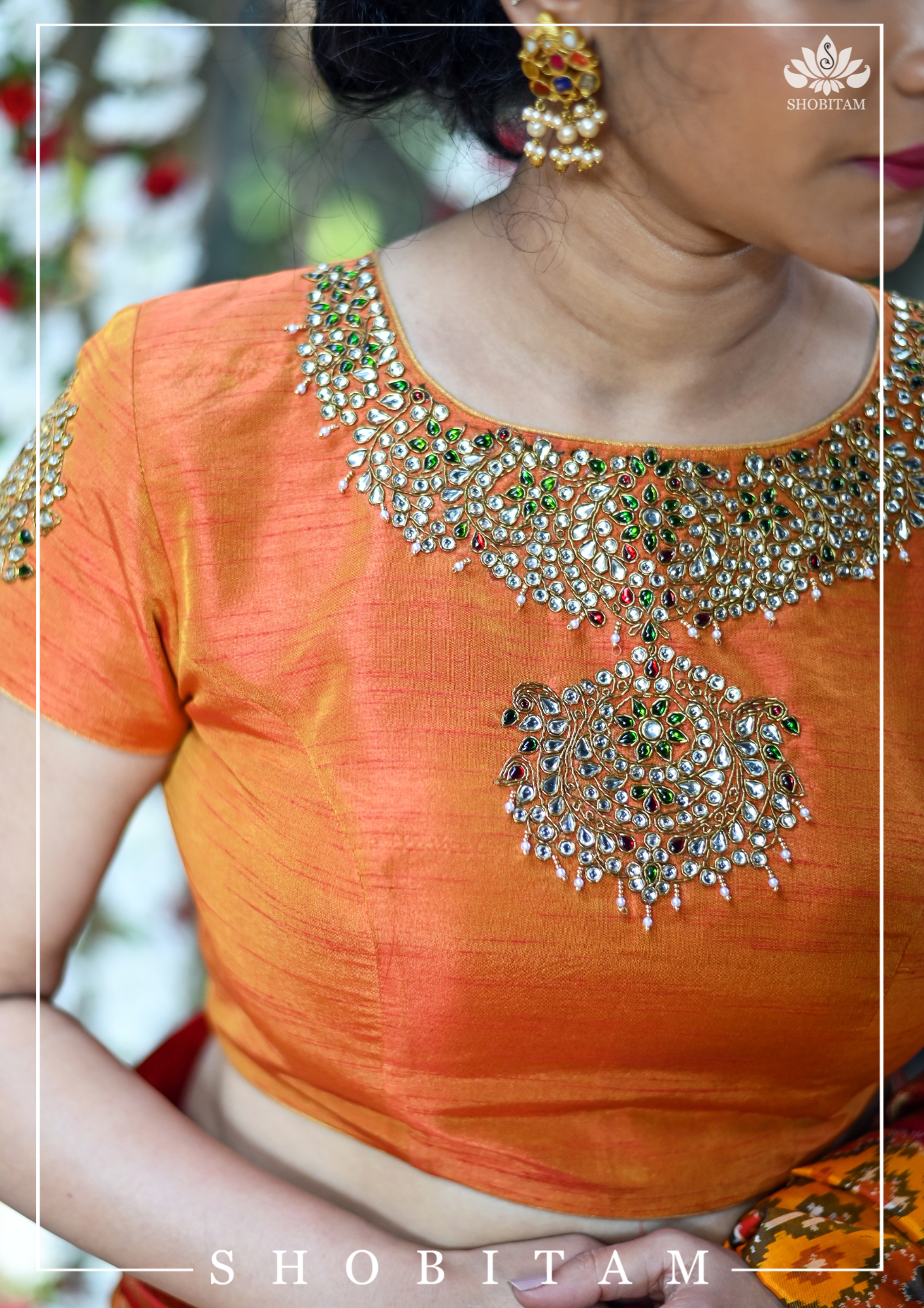 Made to Measure: Necklace Design Jadau Ornamental Blouse in Orange Mustard Dual Tone Pure Raw Silk | Shobitam