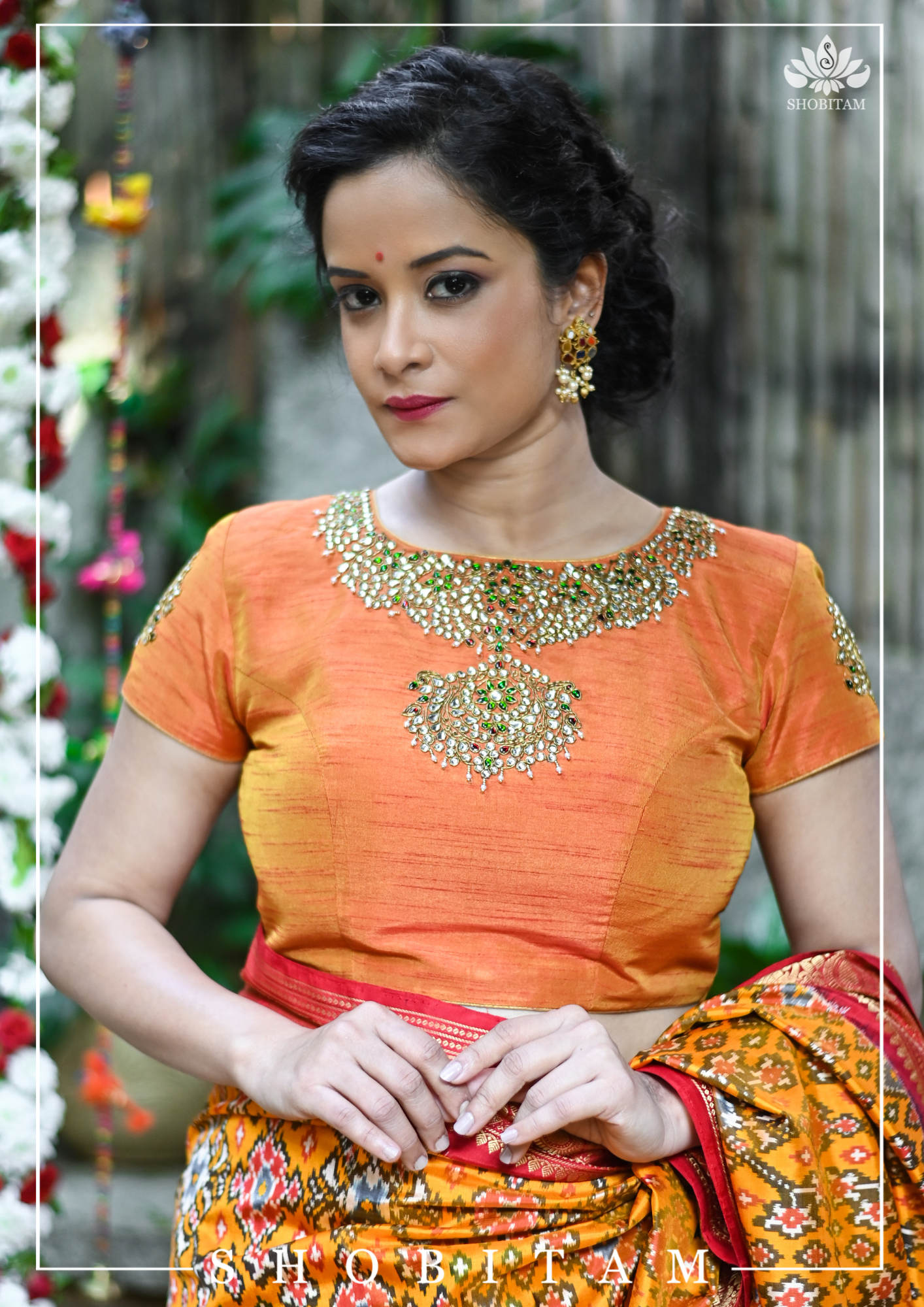 Made to Measure: Necklace Design Jadau Ornamental Blouse in Orange Mustard Dual Tone Pure Raw Silk | Shobitam