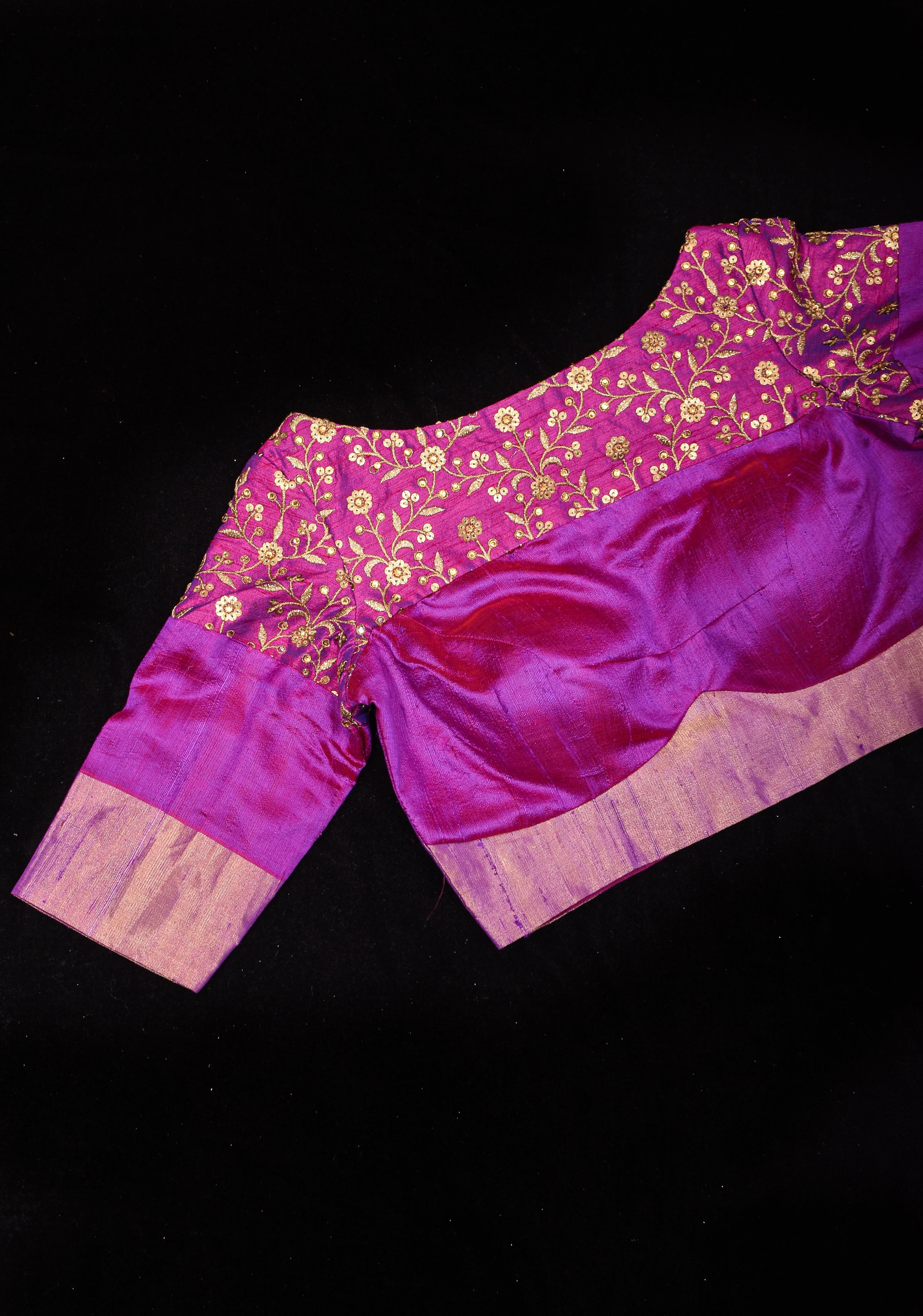 Pure Raw Silk Blouse in Purple with golden Jaal embroidered Yoke,Made to Order | Shobitam