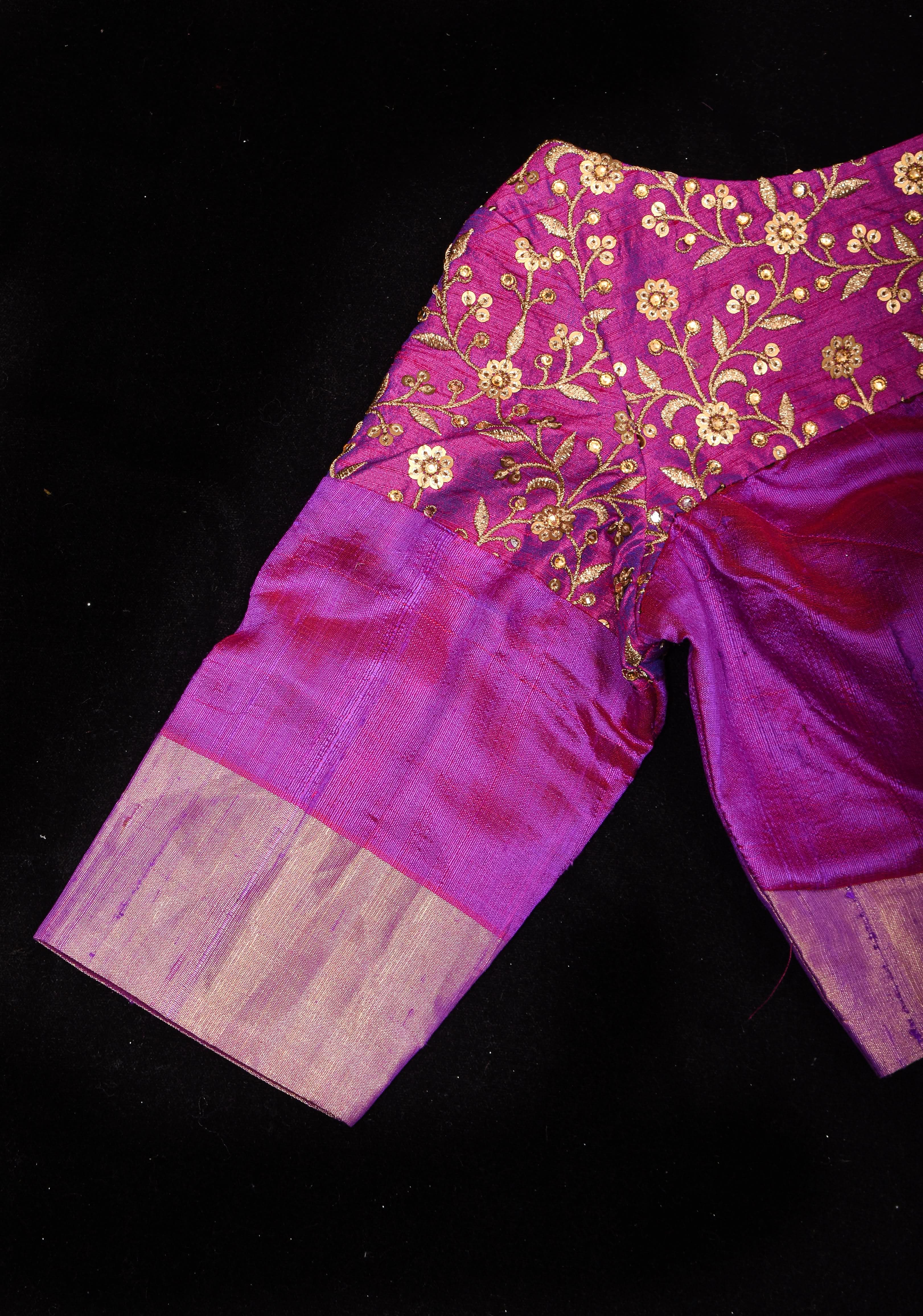 Pure Raw Silk Blouse in Purple with golden Jaal embroidered Yoke,Made to Order | Shobitam