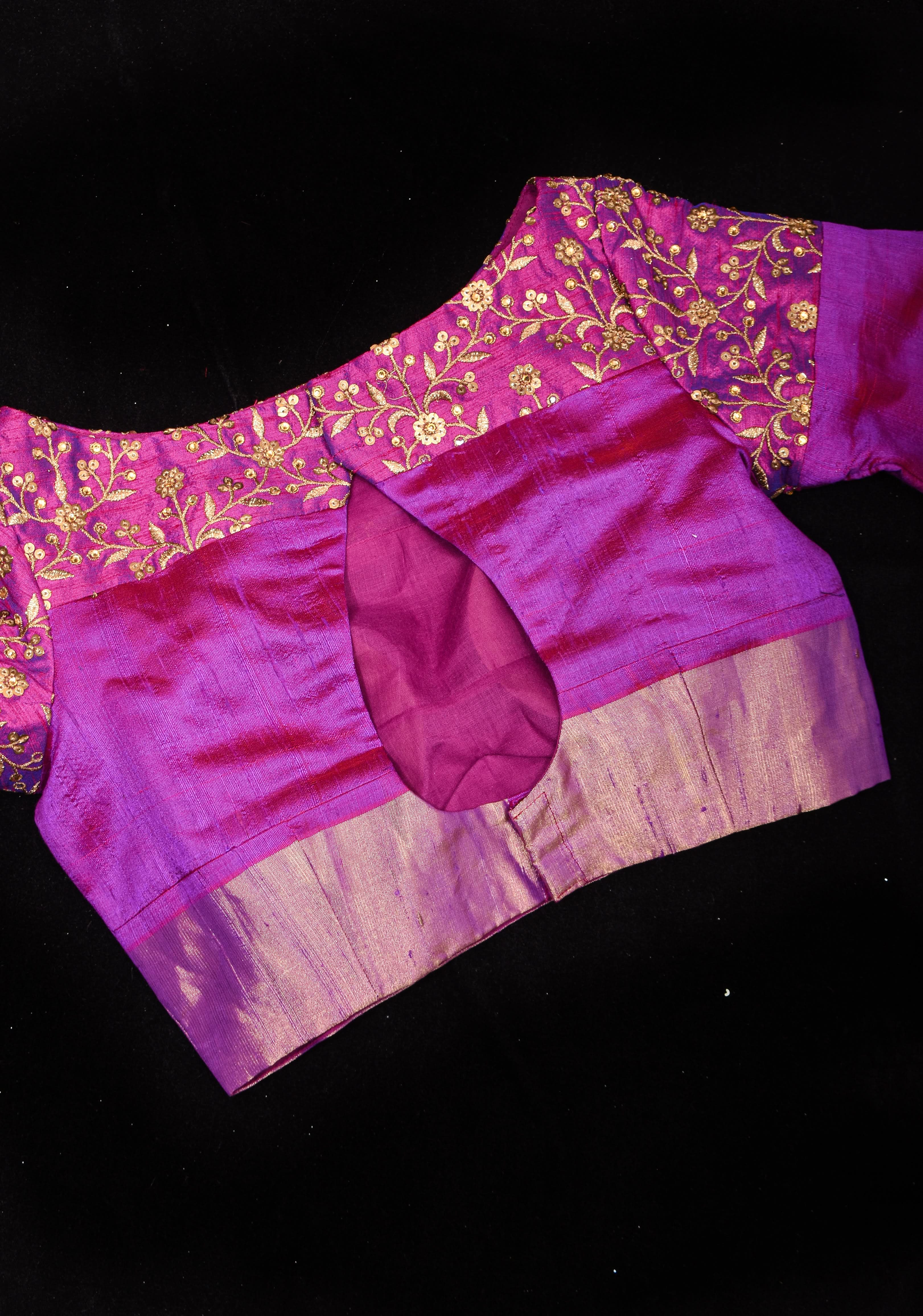 Pure Raw Silk Blouse in Purple with golden Jaal embroidered Yoke,Made to Order | Shobitam
