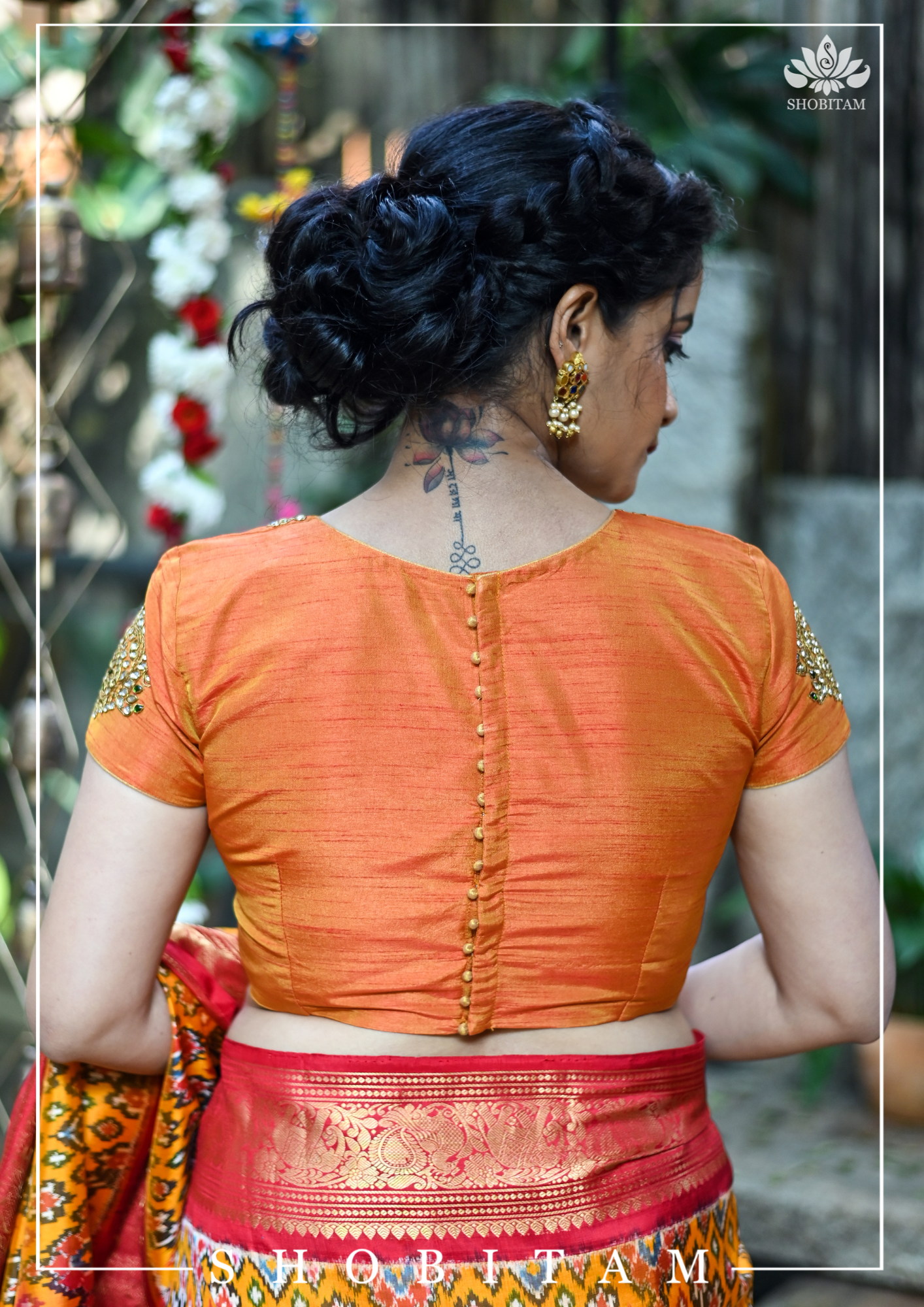 Made to Measure: Necklace Design Jadau Ornamental Blouse in Orange Mustard Dual Tone Pure Raw Silk | Shobitam