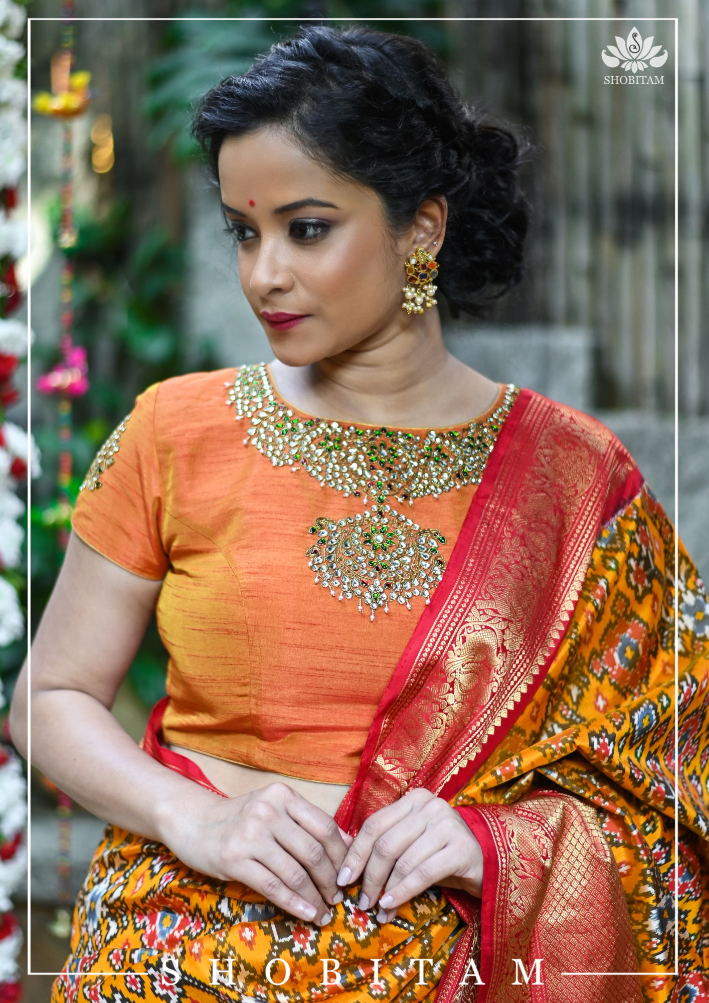 Made to Measure: Necklace Design Jadau Ornamental Blouse in Orange Mustard Dual Tone Pure Raw Silk | Shobitam