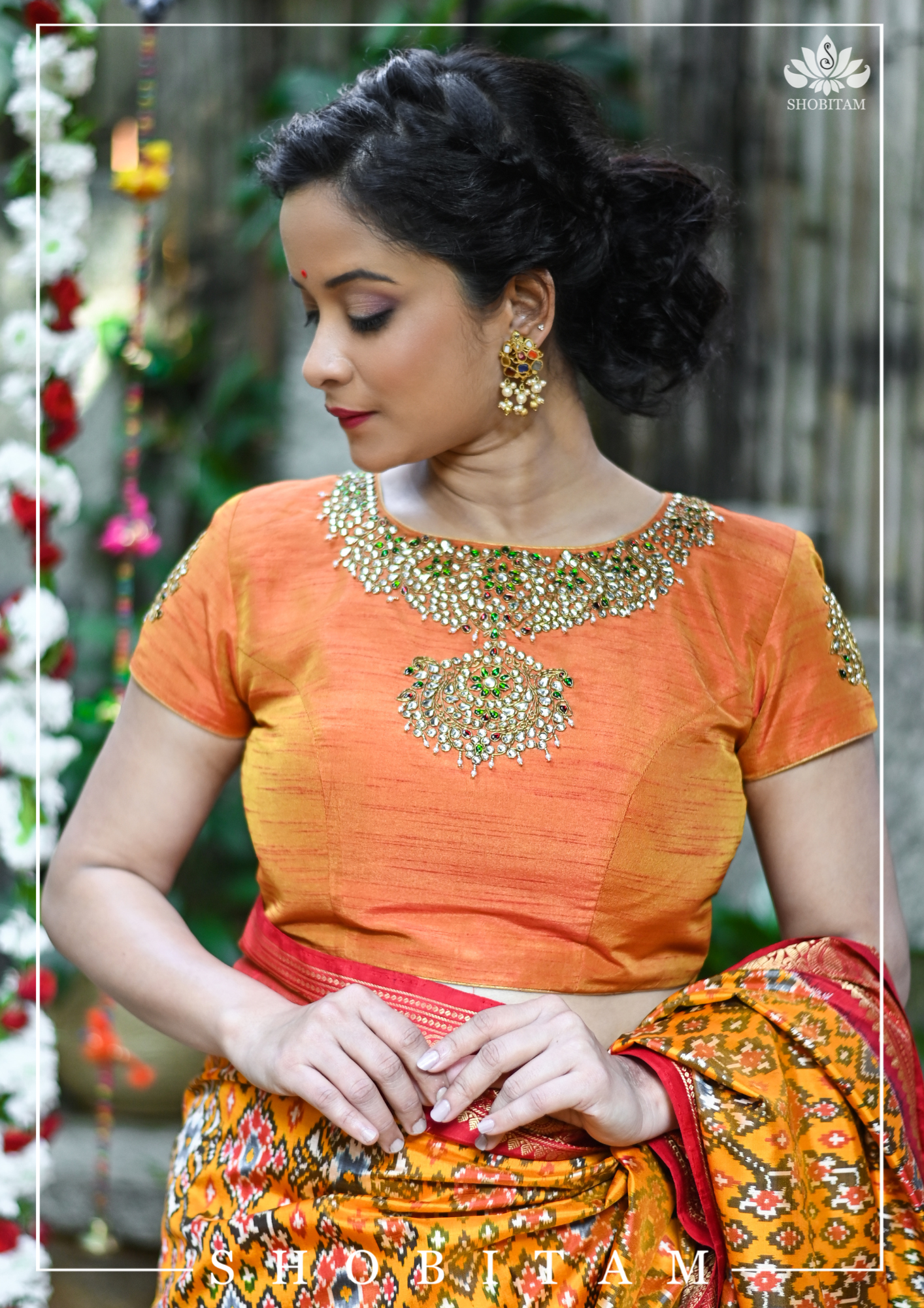 Made to Measure: Necklace Design Jadau Ornamental Blouse in Orange Mustard Dual Tone Pure Raw Silk | Shobitam