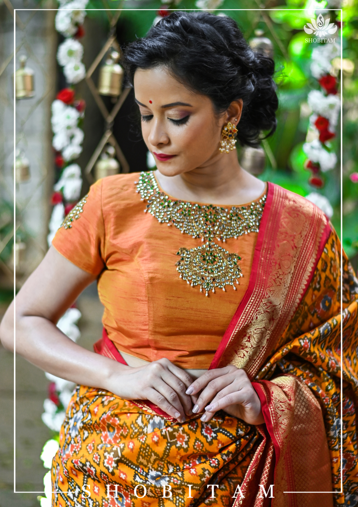Made to Measure: Necklace Design Jadau Ornamental Blouse in Orange Mustard Dual Tone Pure Raw Silk | Shobitam