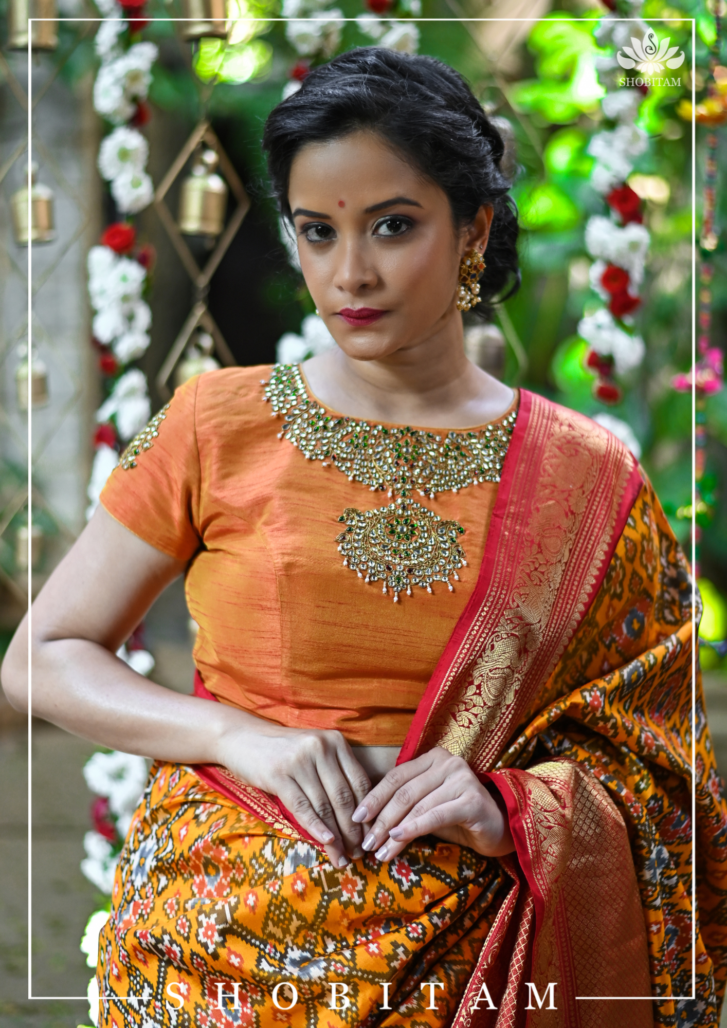 Made to Measure: Necklace Design Jadau Ornamental Blouse in Orange Mustard Dual Tone Pure Raw Silk | Shobitam