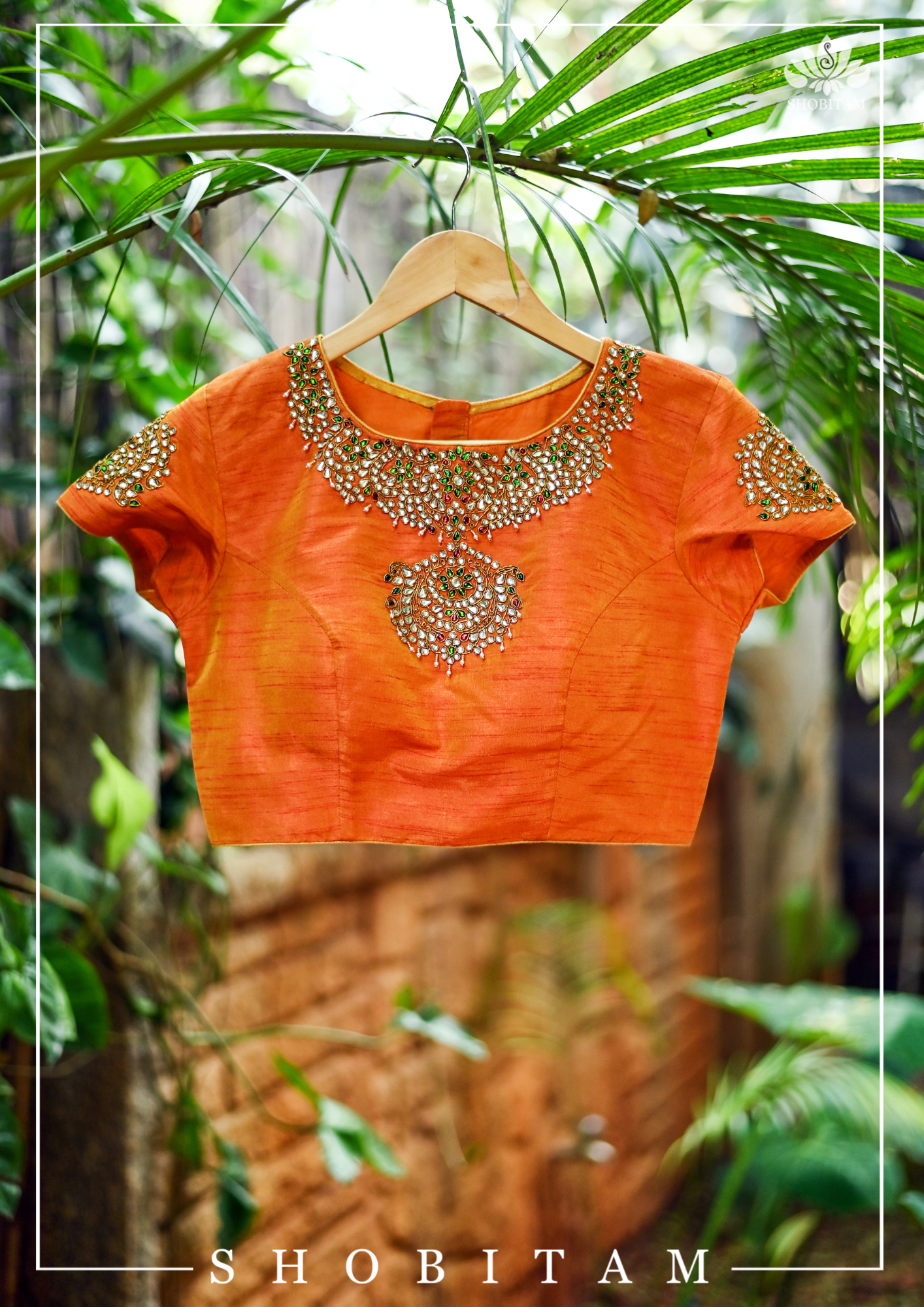 Made to Measure: Necklace Design Jadau Ornamental Blouse in Orange Mustard Dual Tone Pure Raw Silk | Shobitam