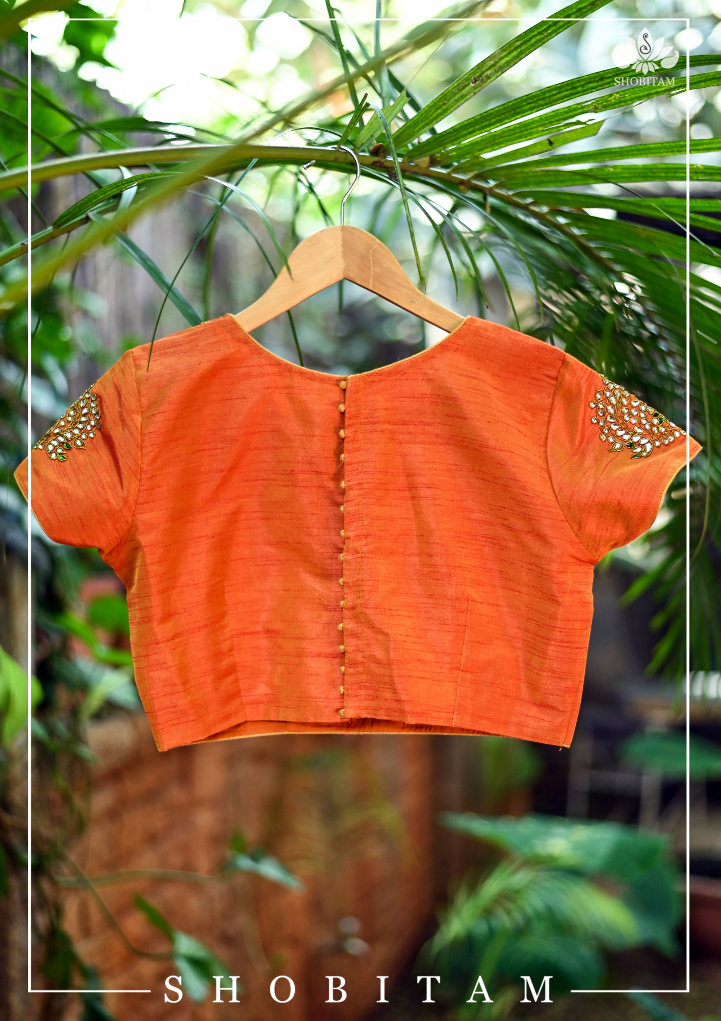 Made to Measure: Necklace Design Jadau Ornamental Blouse in Orange Mustard Dual Tone Pure Raw Silk | Shobitam