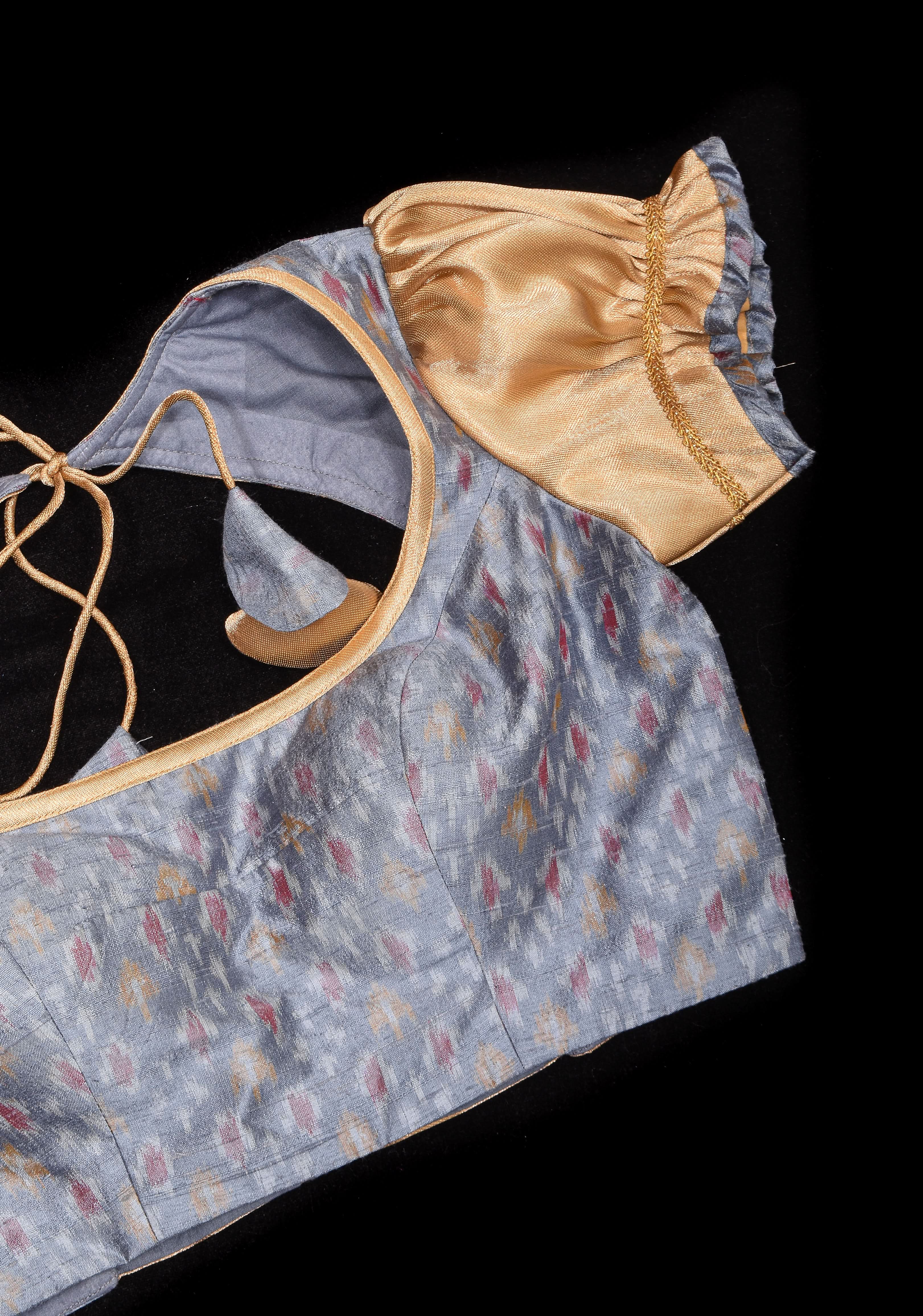 Gray Pure Ikkat Raw Silk Blouse with scoop neck and Gold Puff Sleeves | Shobitam