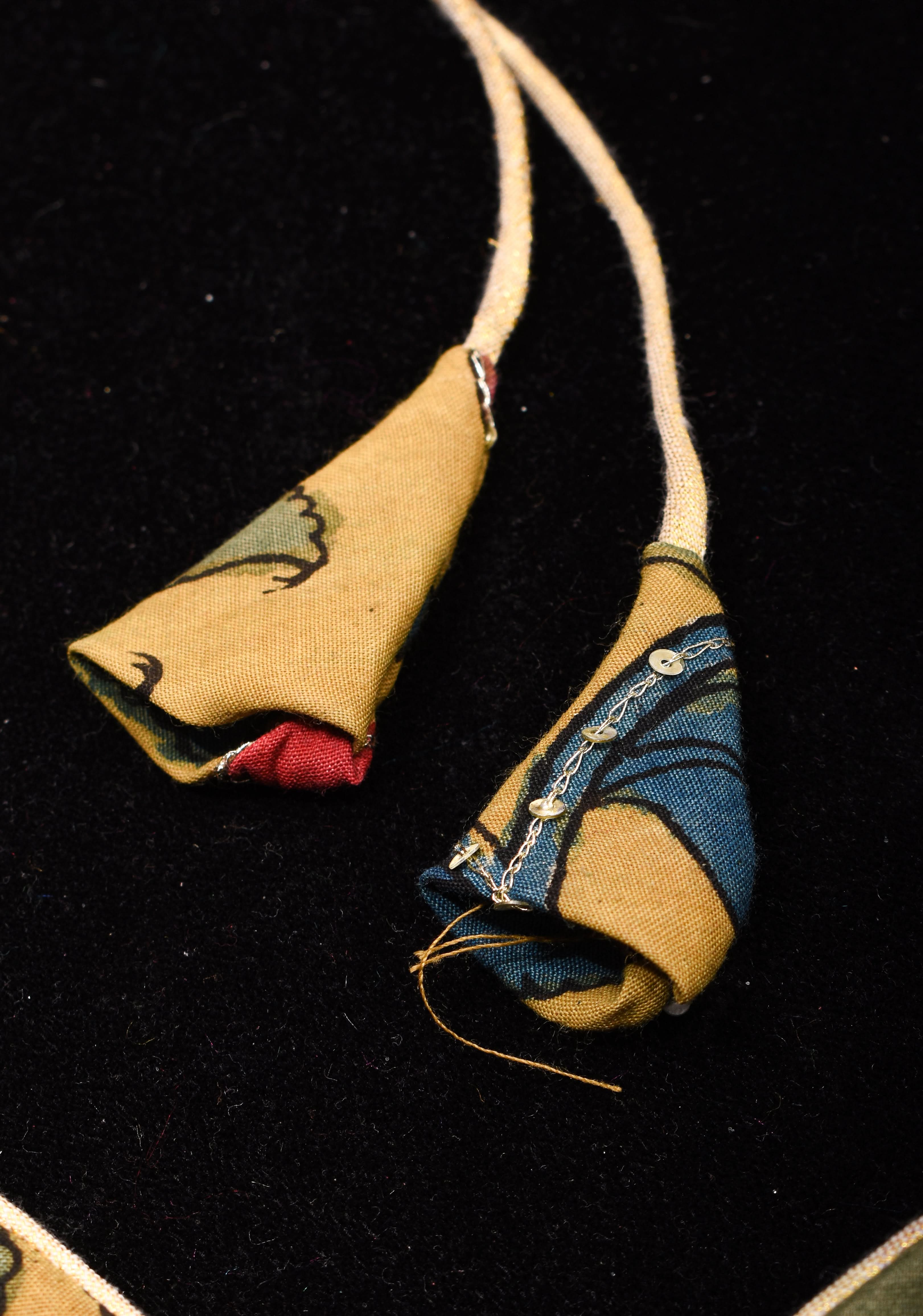 Pen Kalamkari Plunge Neck Blouse in Yellow with light sequin work and blue raw silk contrast, Made to Order | Shobitam