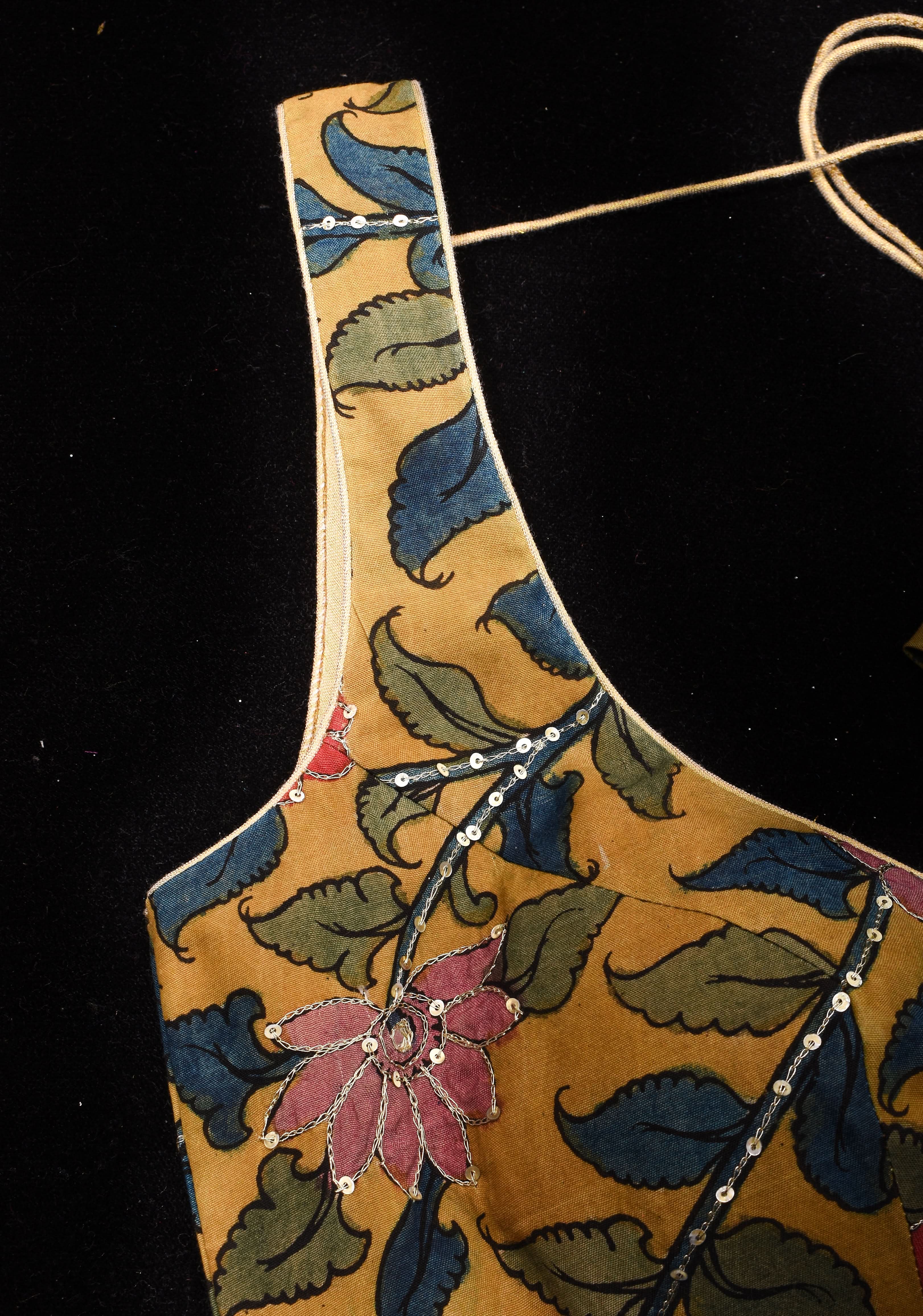 Pen Kalamkari Plunge Neck Blouse in Yellow with light sequin work and blue raw silk contrast, Made to Order | Shobitam