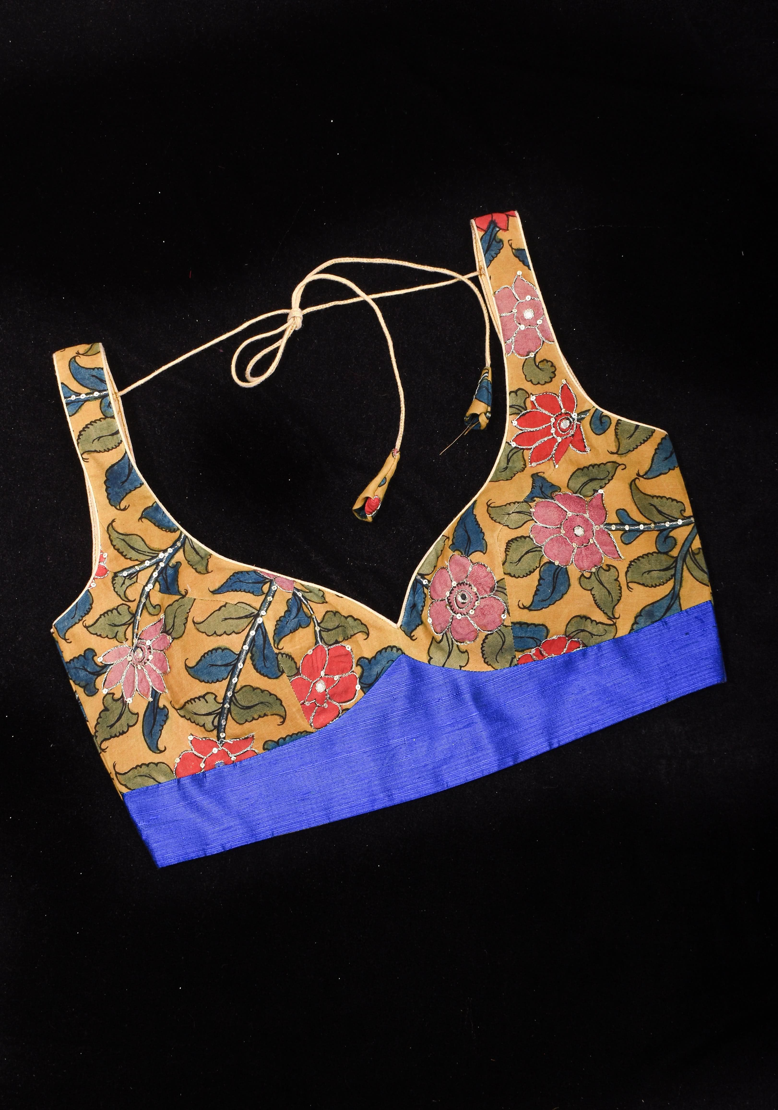 Pen Kalamkari Plunge Neck Blouse in Yellow with light sequin work and blue raw silk contrast, Made to Order | Shobitam