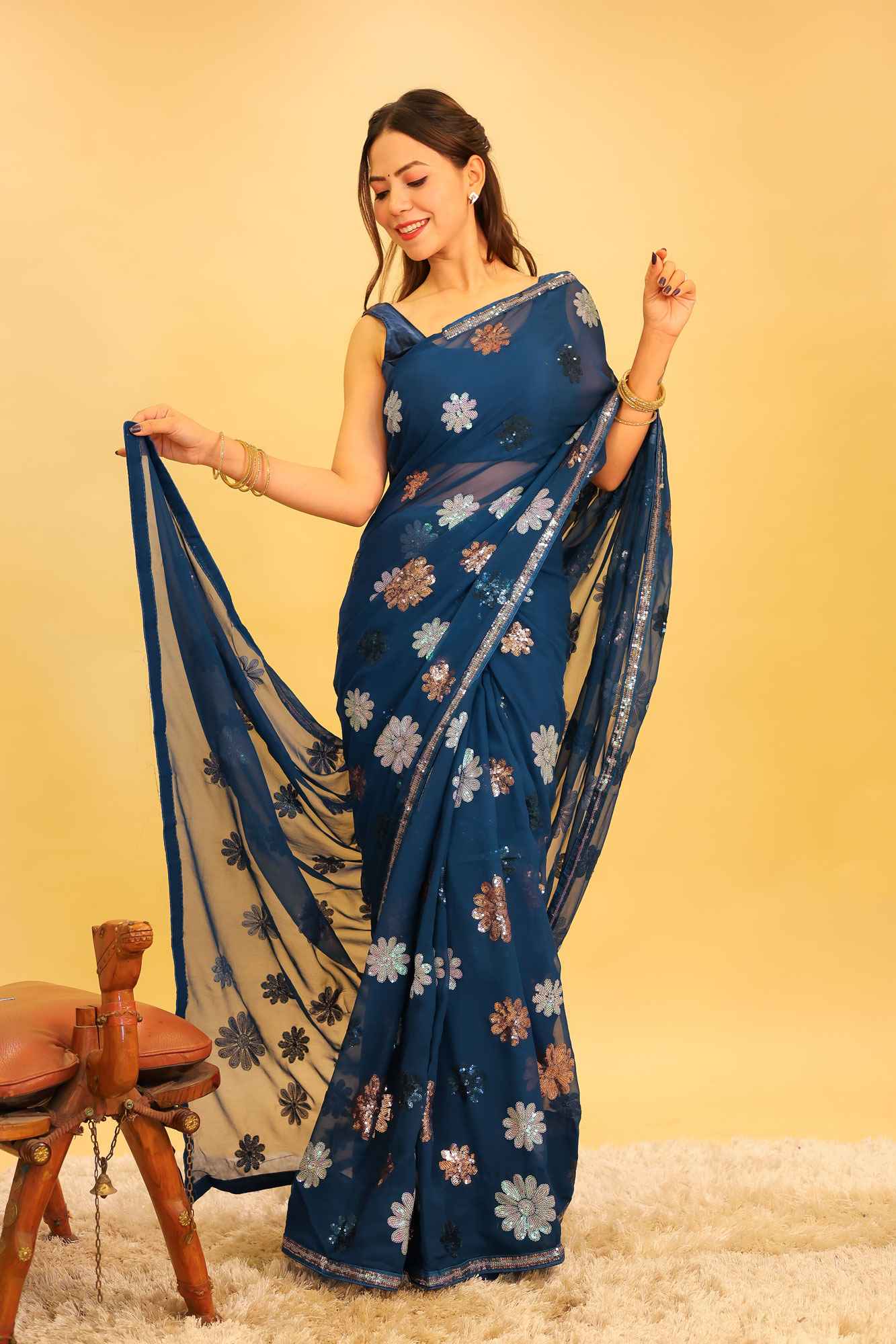 Floral Sequin Details Overall Sequin Lace Georgette Ready to Wear Saree