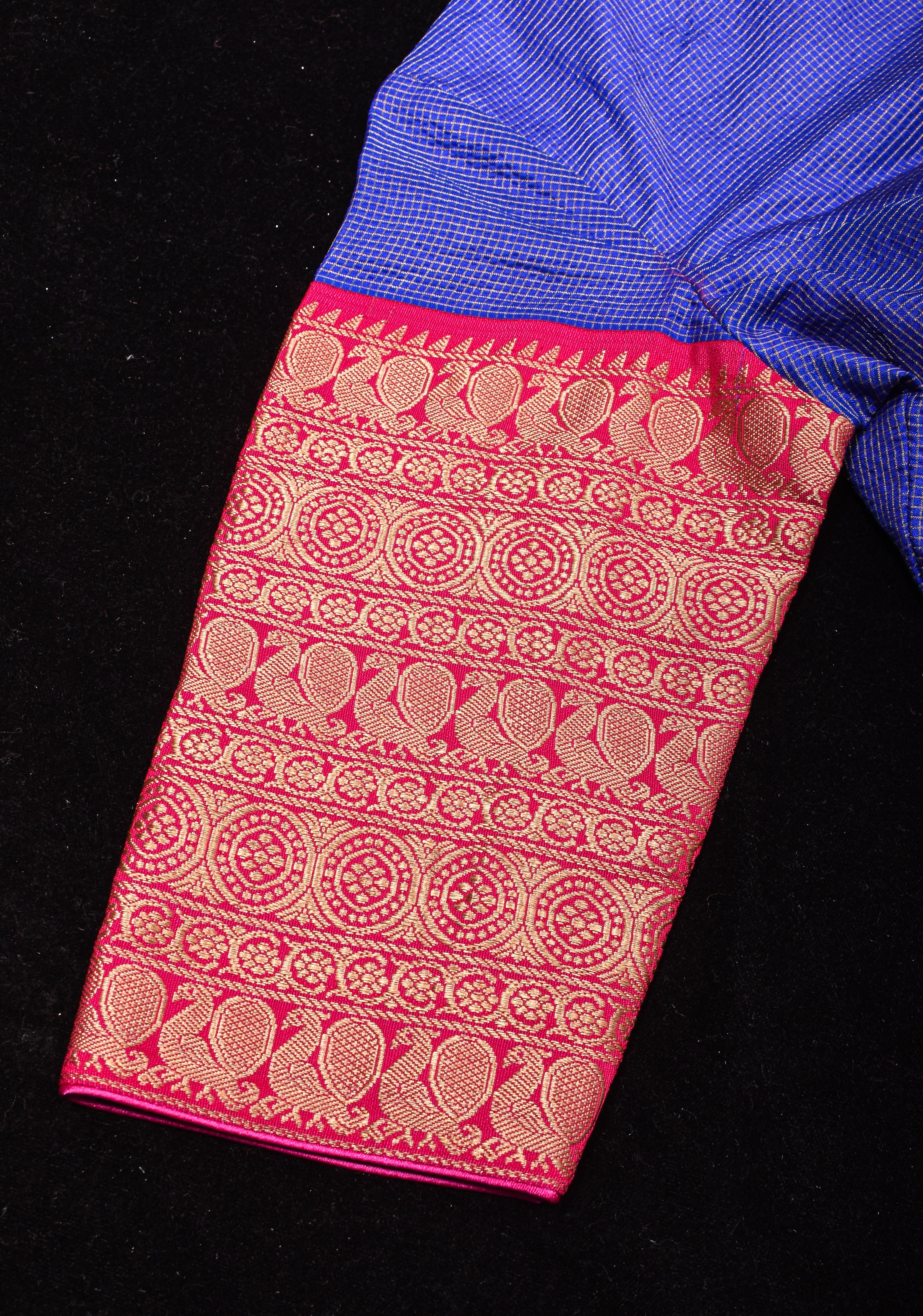 Blue Pure Kanjivaram Silk with Zari checks Blouse with crew neck and stylish back cutout design, Made to Order | Shobitam