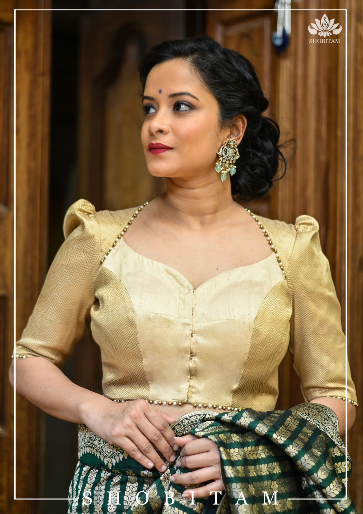 Gold Tone Blouse with sweetheart neck and detailing | Shobitam