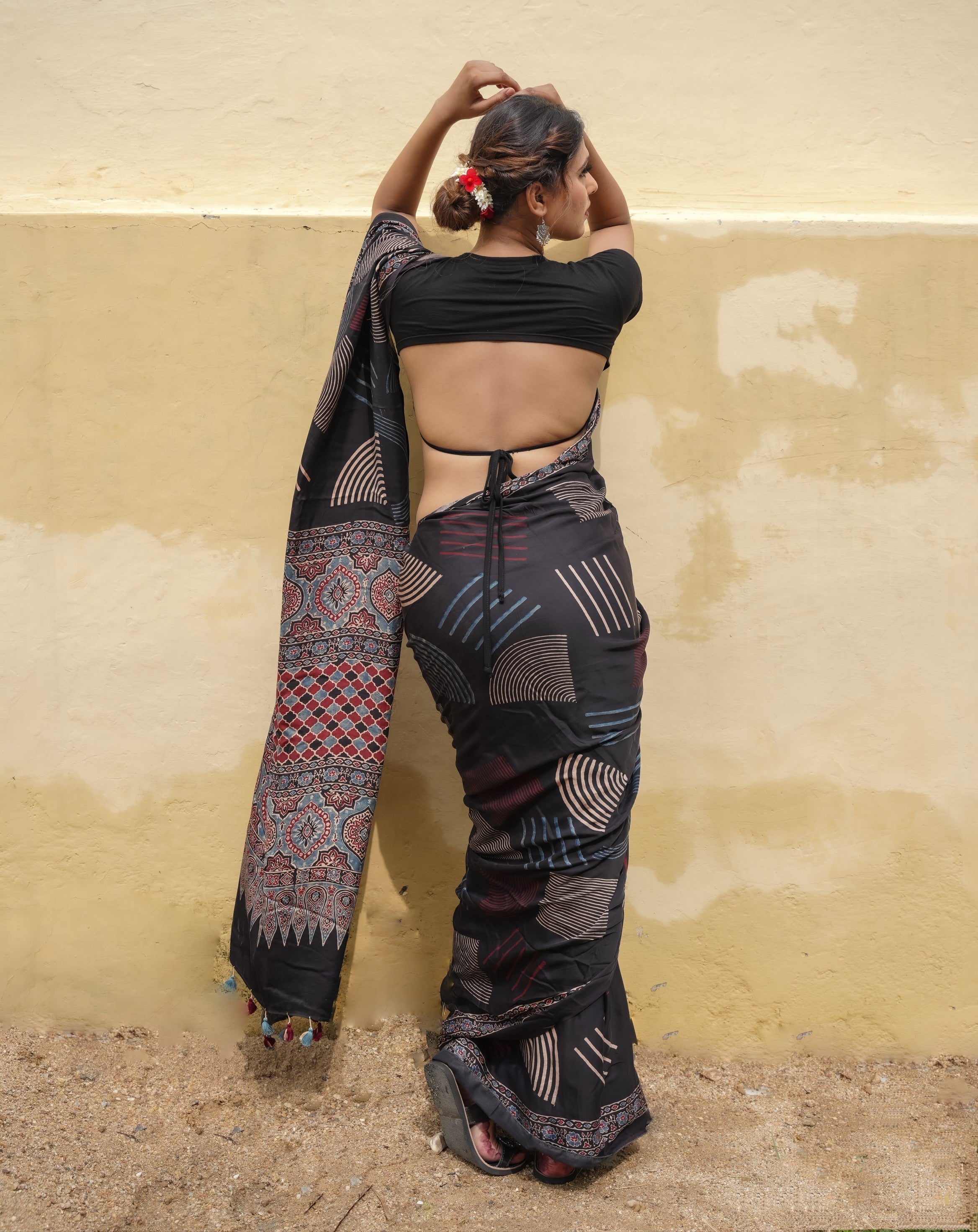 Black Hand Block Print on Modal Silk Saree with Ajrakh Pallu | Shobitam