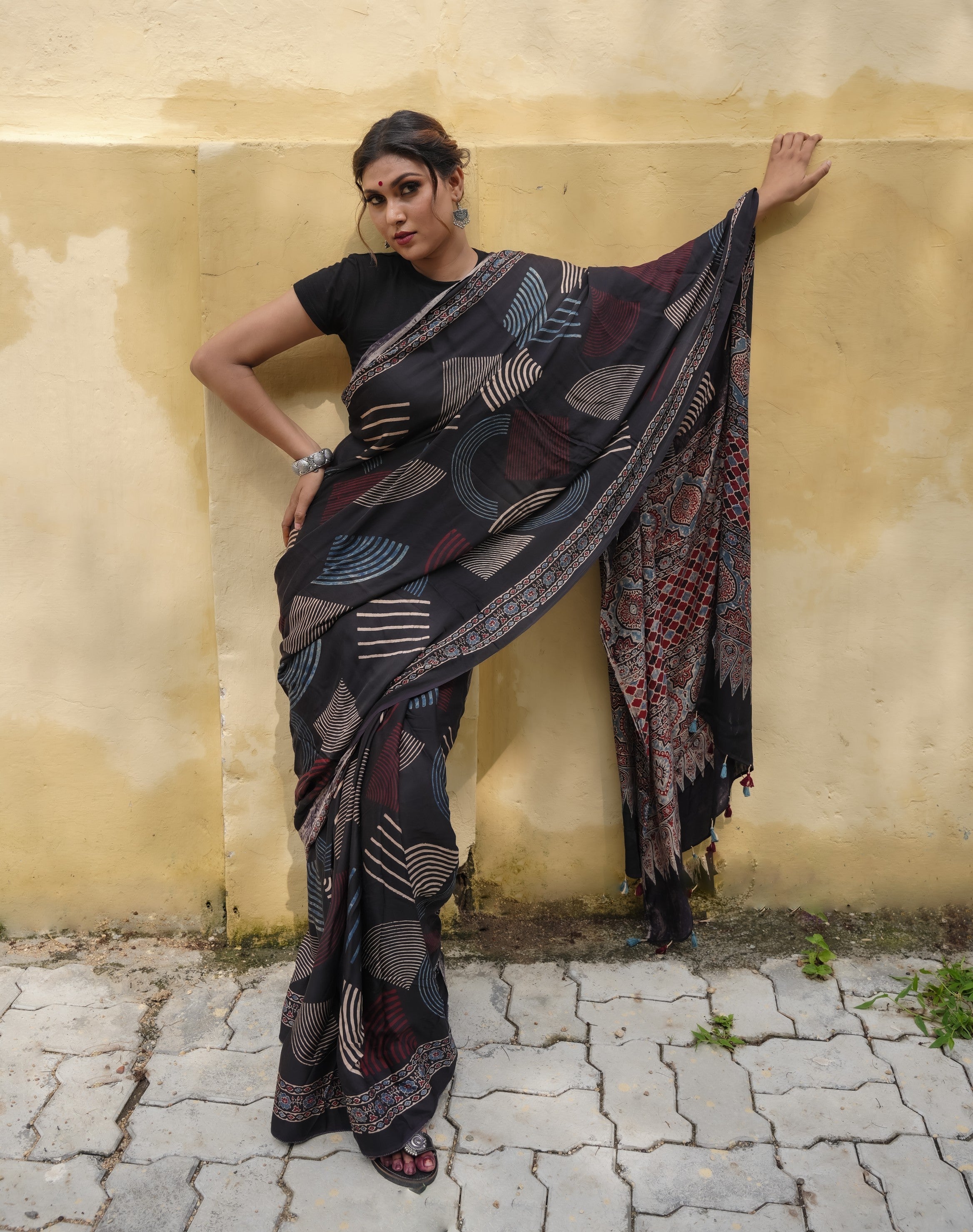 Black Hand Block Print on Modal Silk Saree with Ajrakh Pallu | Shobitam