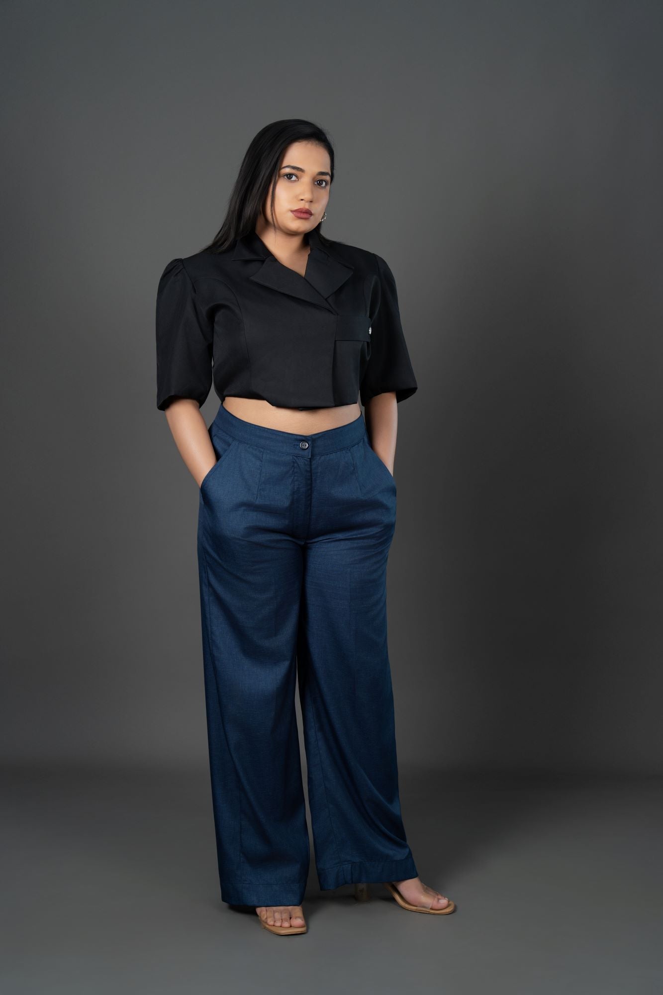 Tailored High-Waist with Clean Silhouette Navy Straight Pants