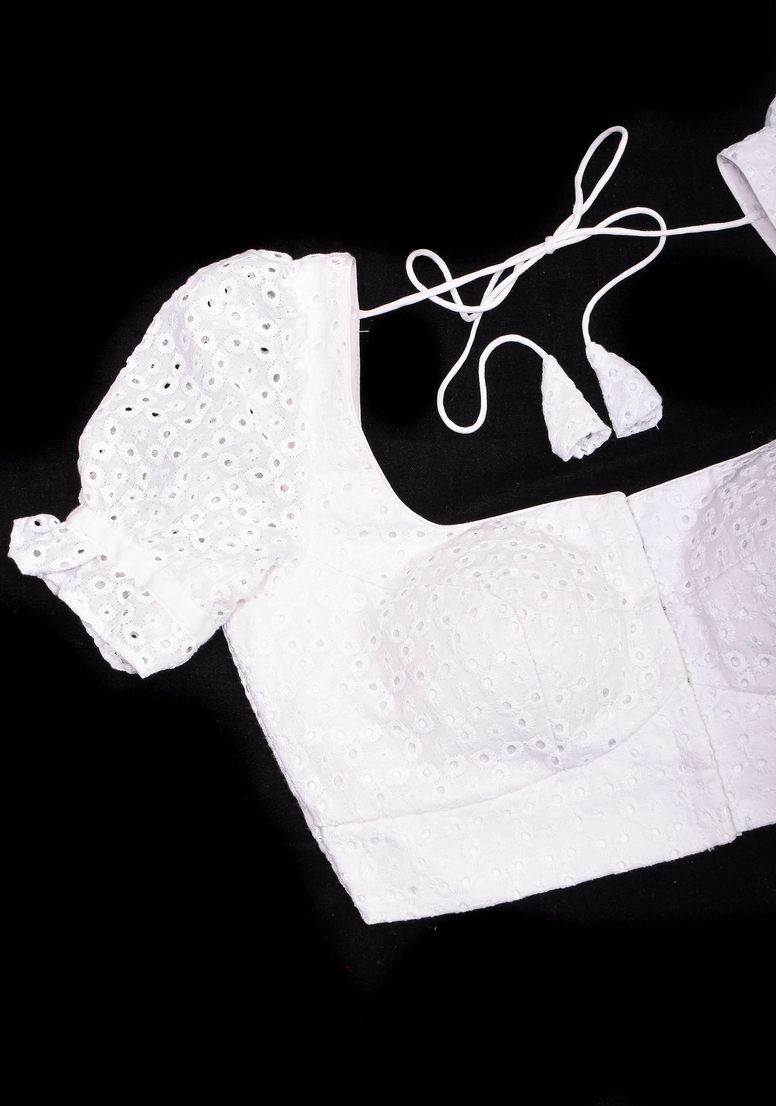 Ivory Hakoba Eyelet Cotton Blouse with Puff sleeves, Made to Order | Shobitam