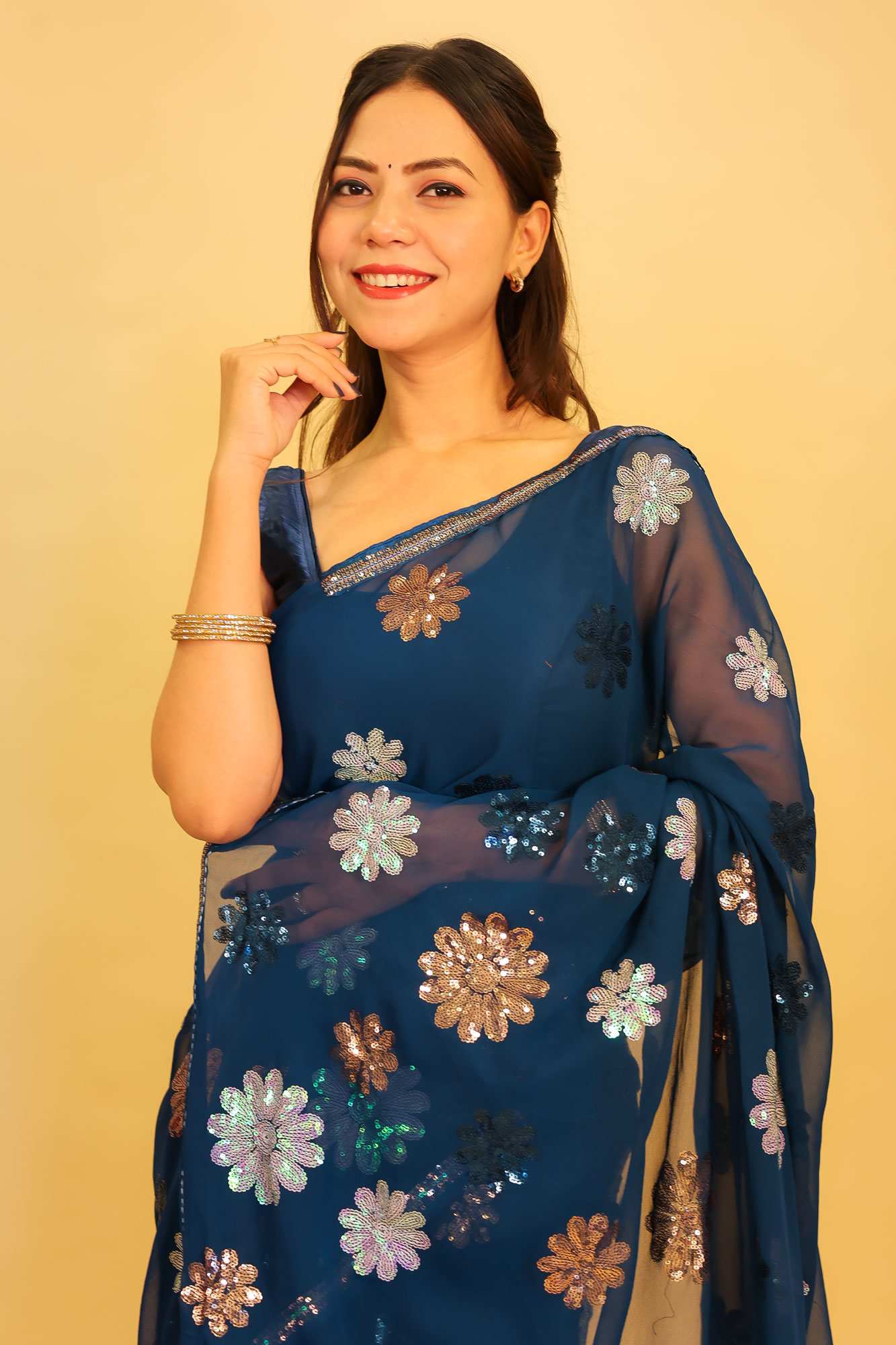 Floral Sequin Details Overall Sequin Lace Georgette Ready to Wear Saree