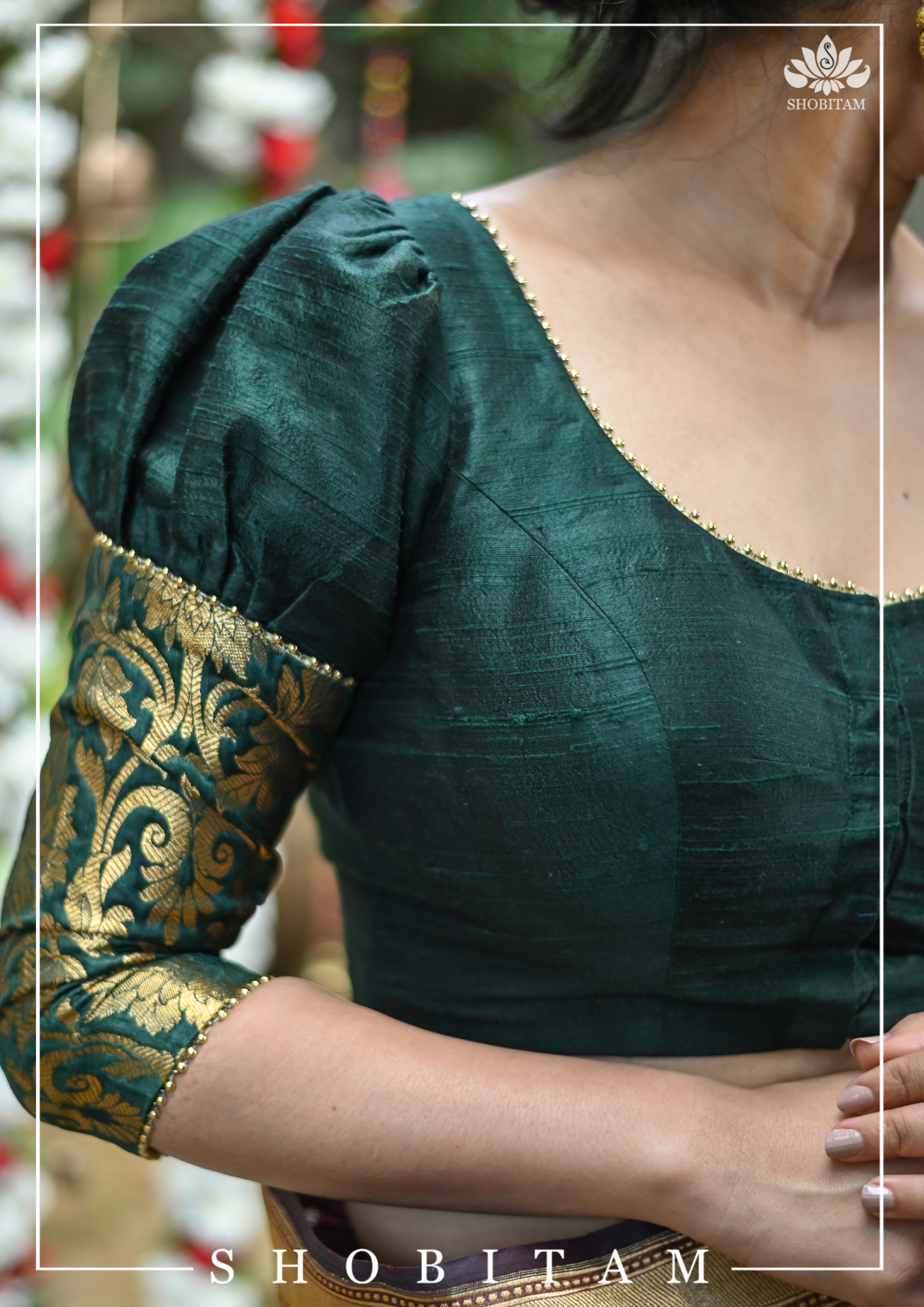 Sacramento Green Puff Sleeve Blouse with Banarasi Brocade Detailing | Shobitam